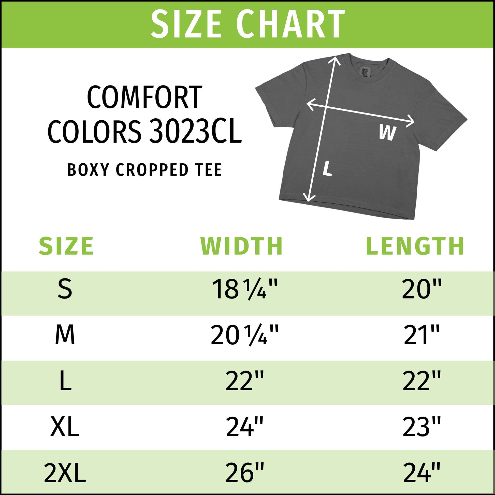 Size chart for Queerfully Made Boxy Crop T-Shirt showing width and length measurements by size, Sparked By Pride