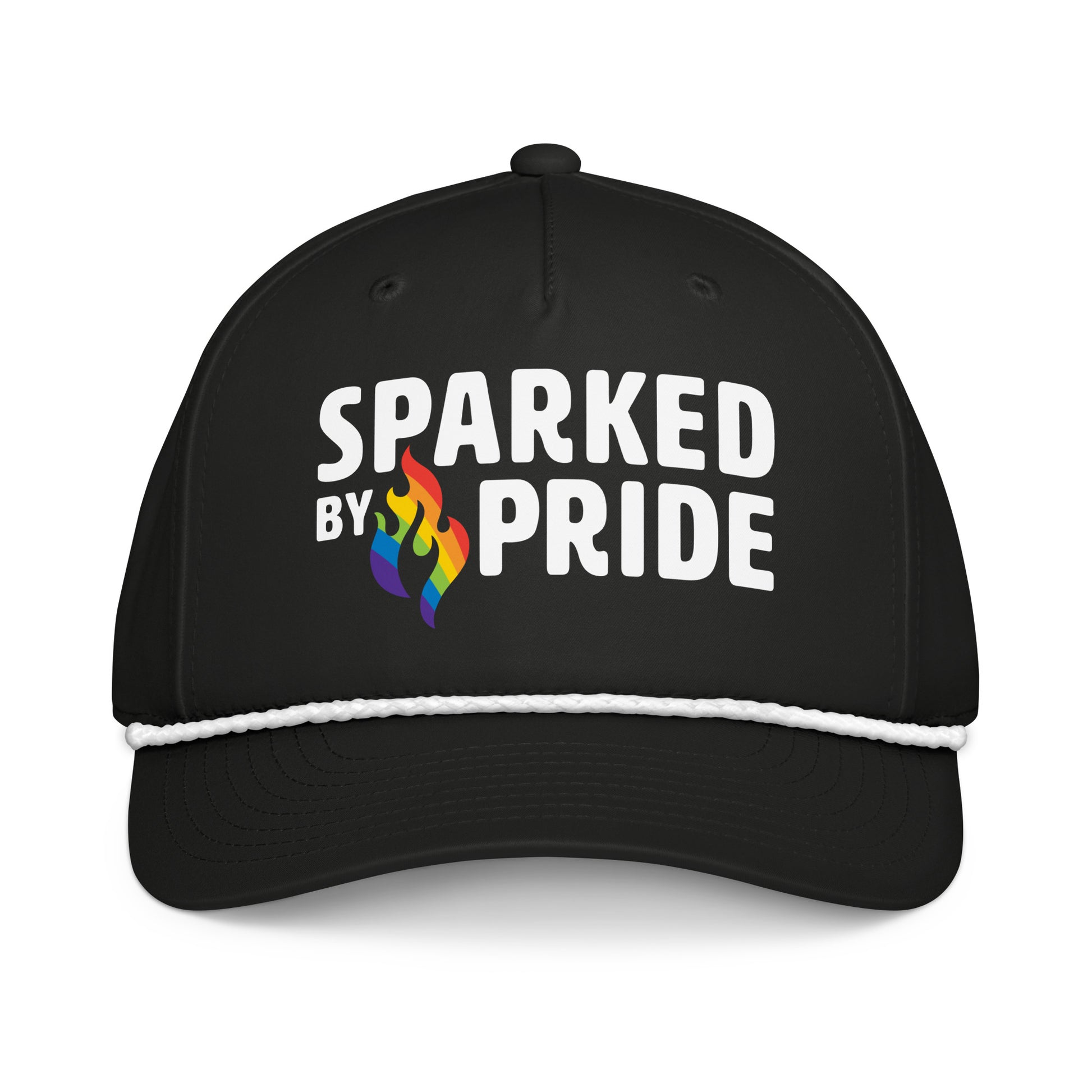 Classic LGBTQ+ pride cap with retro pride flame and rope detail, unisex fit, by Sparked By Pride Sparked by Pride Rope Hat