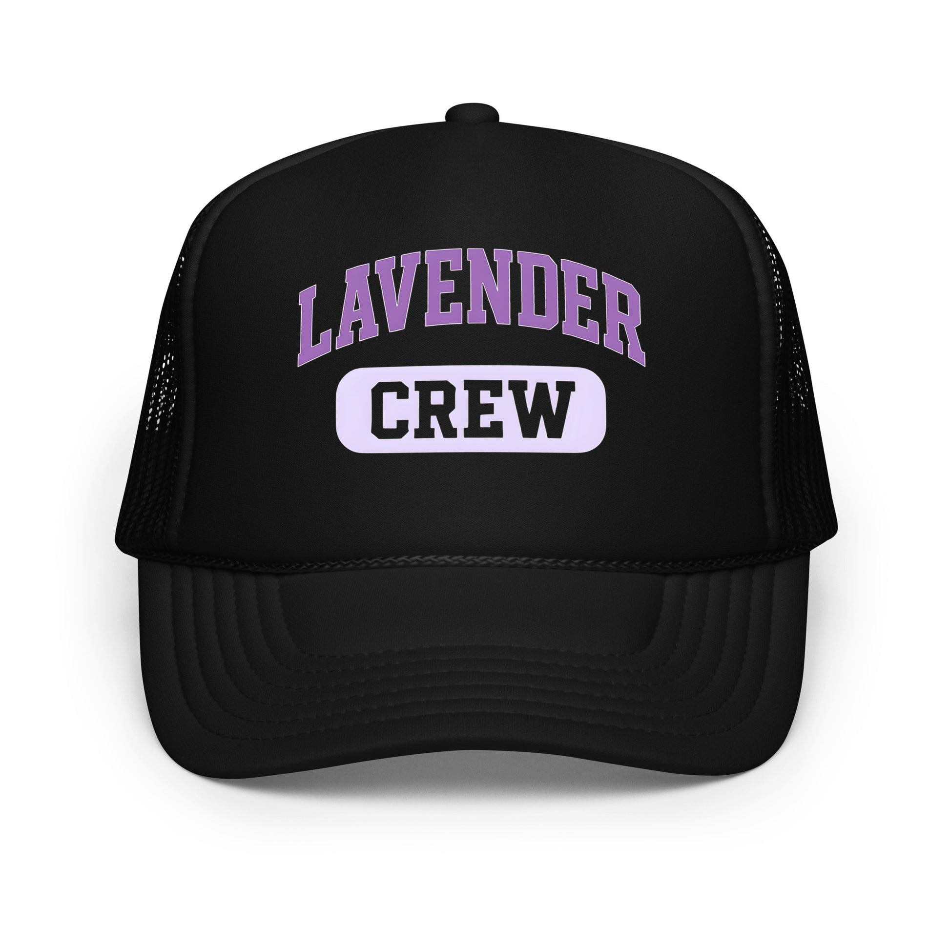 Lavender Crew Foam Trucker Hat with subtle LGBTQ fashion statement, breathable and unisex, by Sparked By Pride