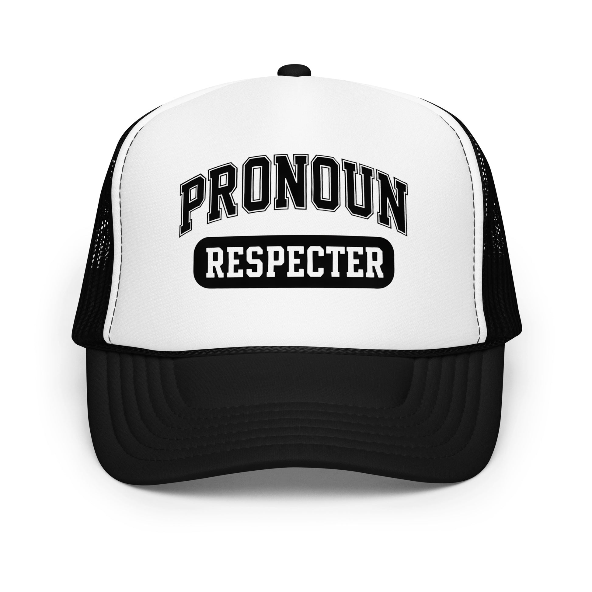 Pronoun Respecter Foam Trucker Hat with varsity embroidery, inclusive gender-affirming clothing by Sparked By Pride