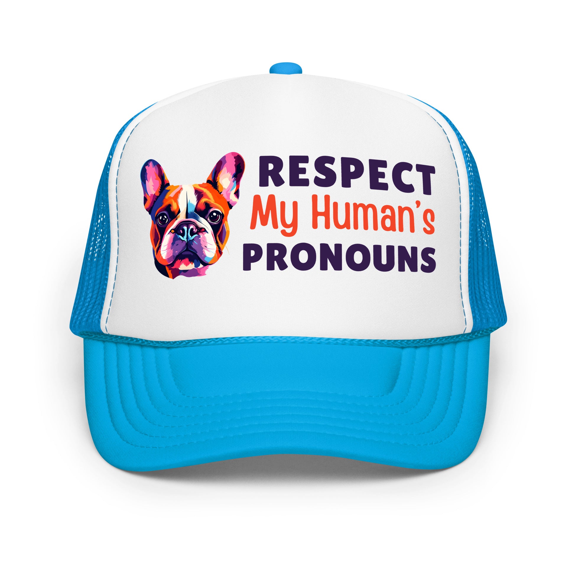 Respect My Human's Pronouns Foam Trucker Hat with colorful dog graphic, inclusive queer fashion by Sparked By Pride