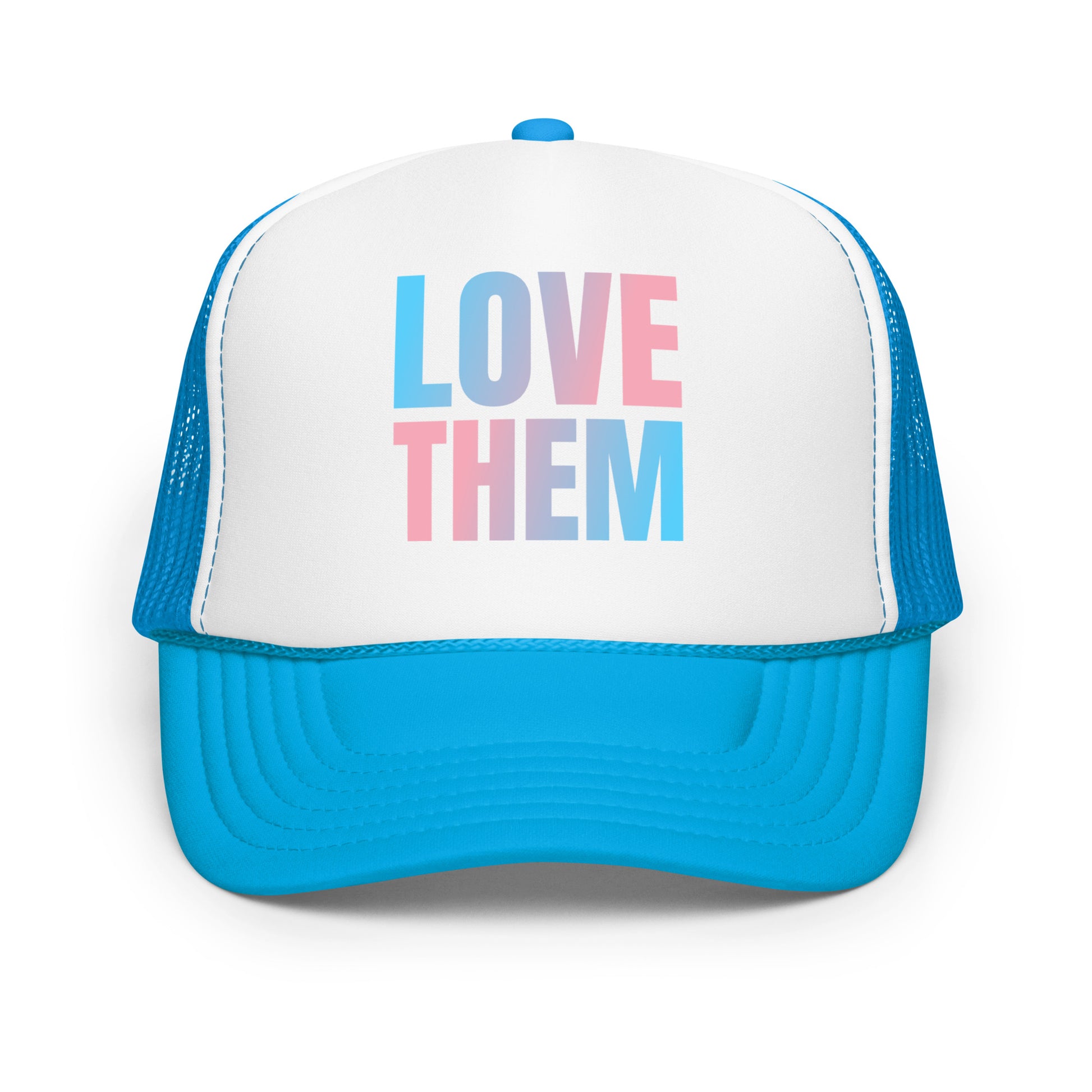 Love Them Foam Trucker Hat with transgender flag colors by Sparked By Pride for inclusive queer fashion.