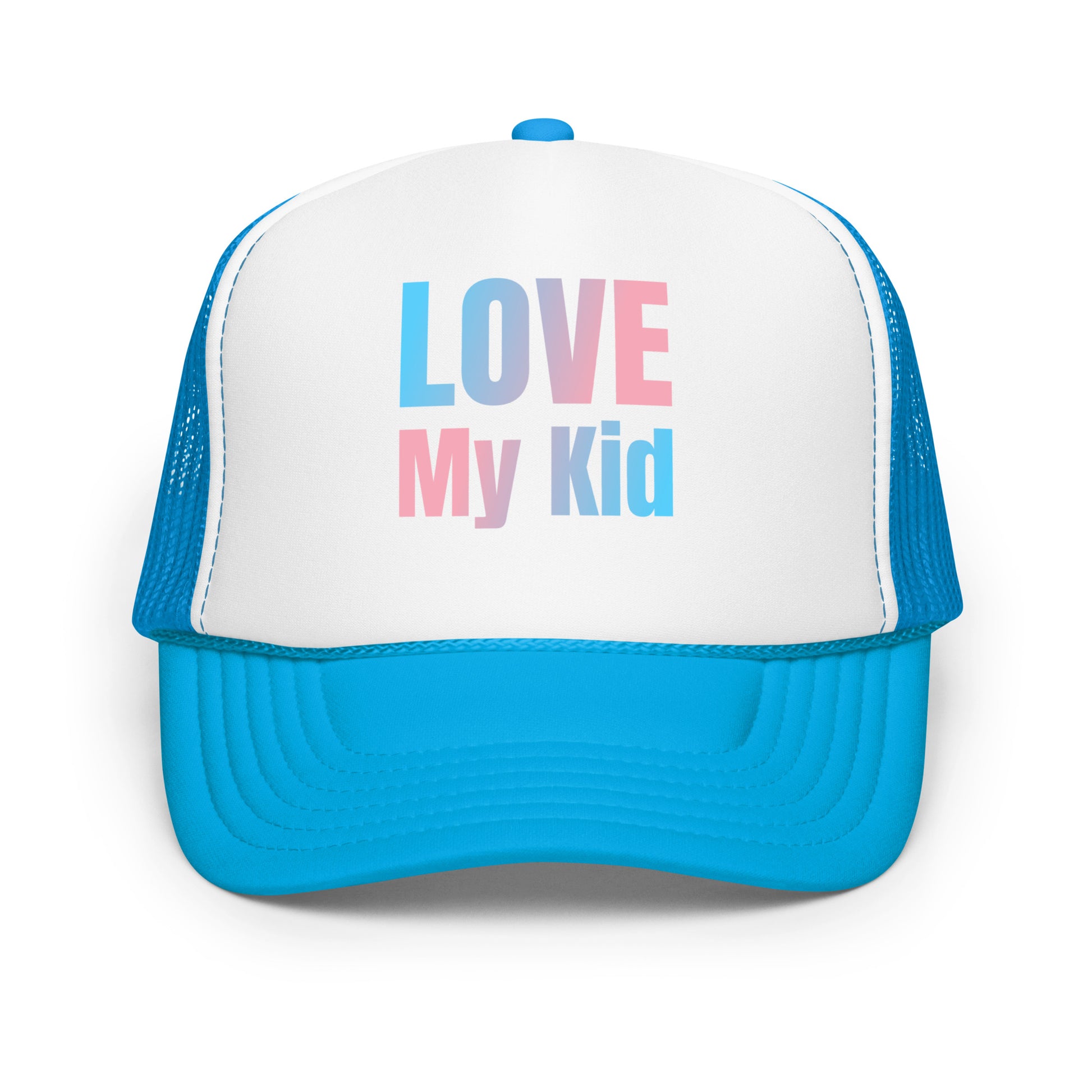 Love My Kid Foam Trucker Hat with transgender pride colors, supportive gear for parents, Sparked By Pride.