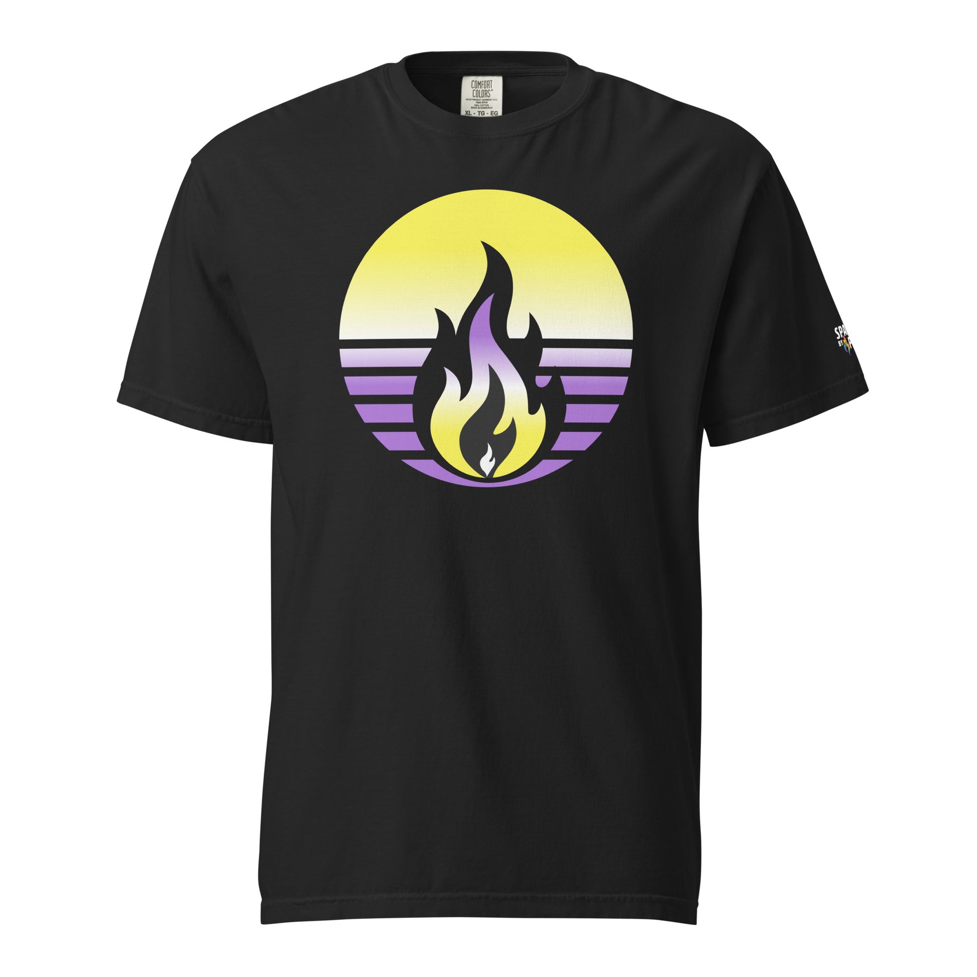 Nonbinary Pride Fire Rising T-Shirt with retro pride flame graphic, unisex pride t-shirt by Sparked By Pride