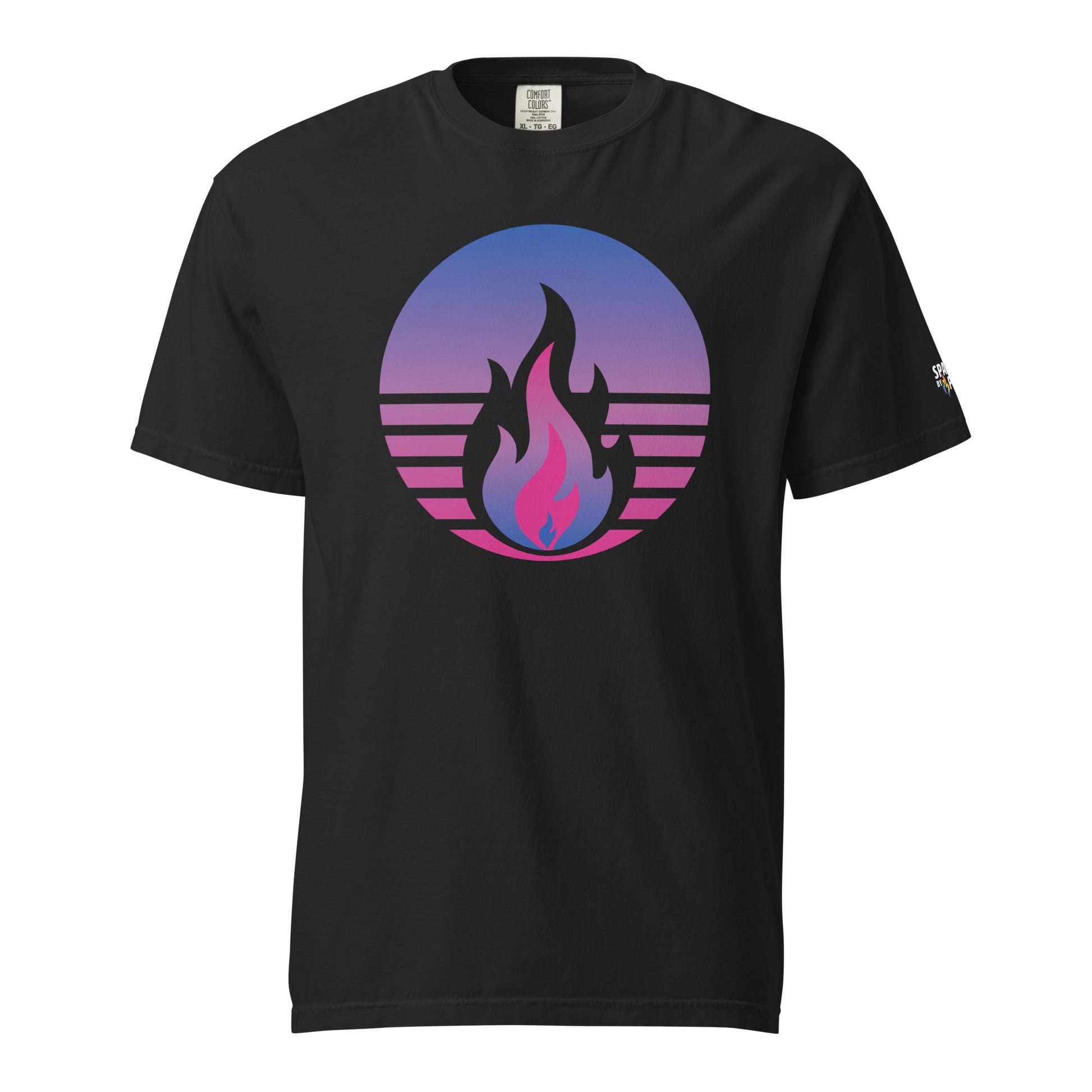 Bisexual Pride Fire Rising T-Shirt with retro pride flame graphic, unisex pride t-shirt by Sparked By Pride