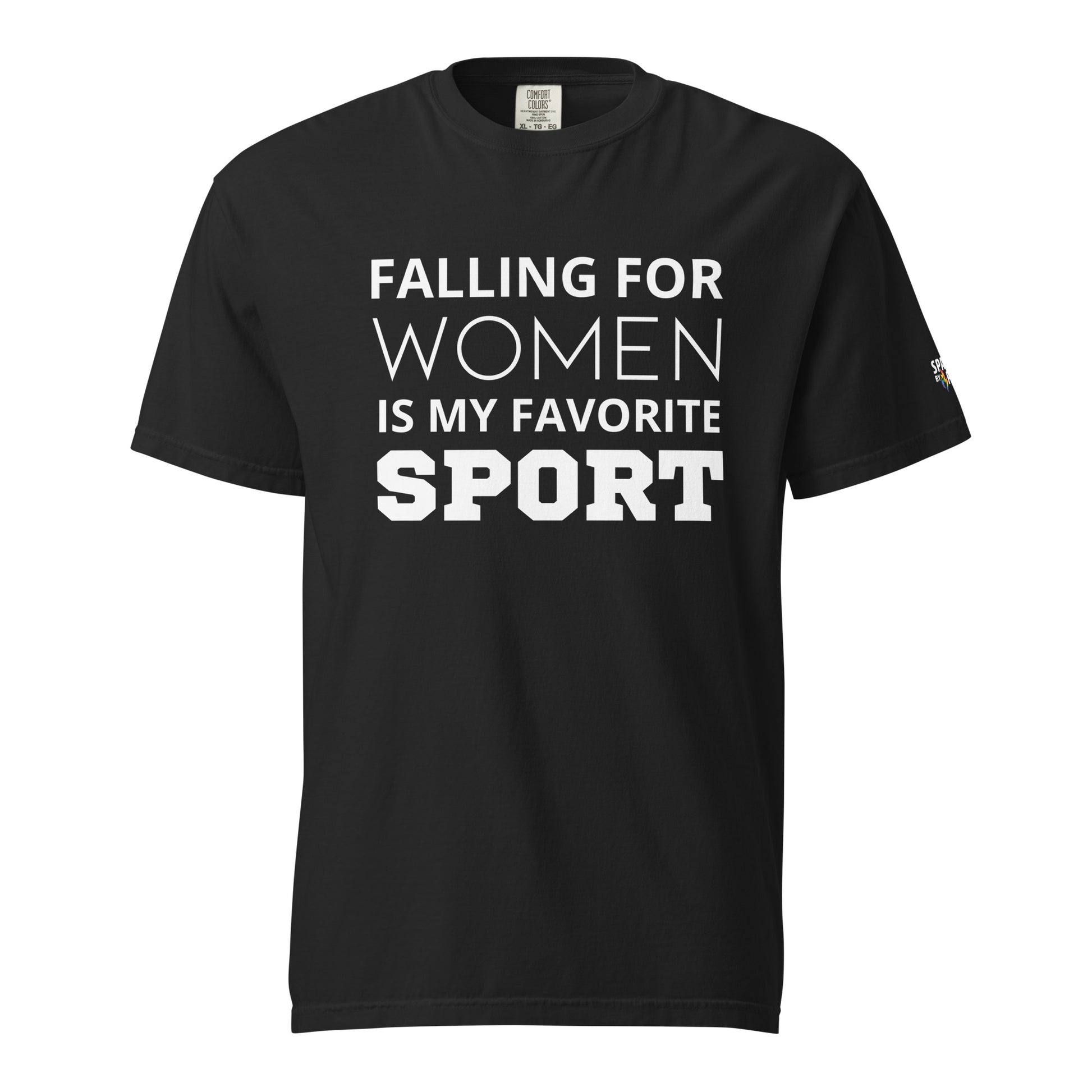 Falling for Women Is My Favorite Sport T-Shirt unisex pride apparel by Sparked By Pride, queer-owned clothing brand.