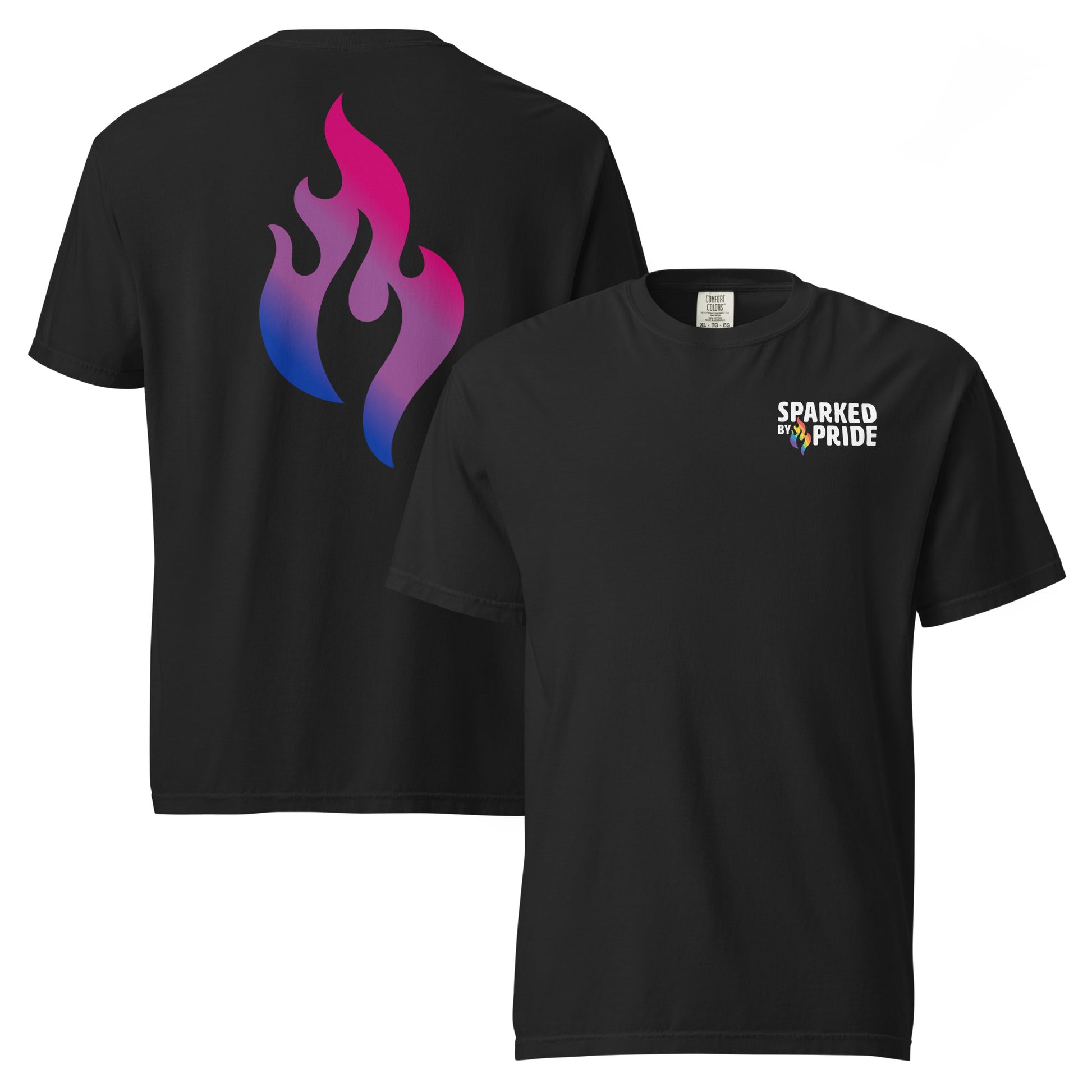Bisexual Pride Flame T-shirt with retro pride flame graphic, unisex fit, printed pride flame by Sparked By Pride