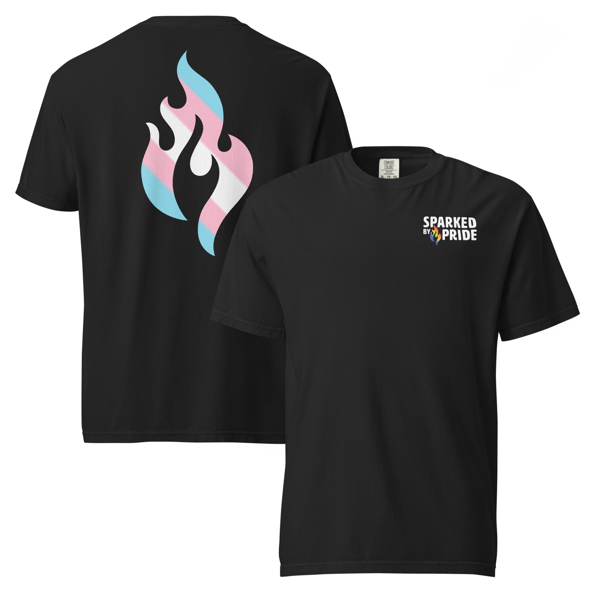 Transgender Pride Flame T-shirt with retro pride flame graphic, unisex comfort Colors shirt by Sparked By Pride