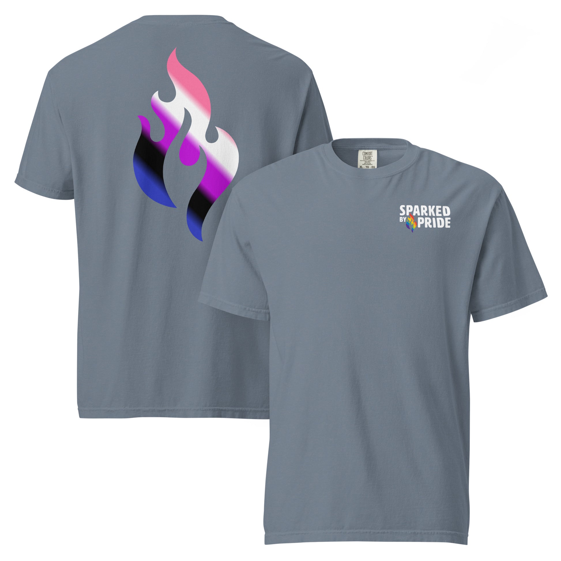 Genderfluid Pride Flame T-shirt with retro pride flame graphic, unisex fit, made to order LGBTQ apparel by Sparked By Pride