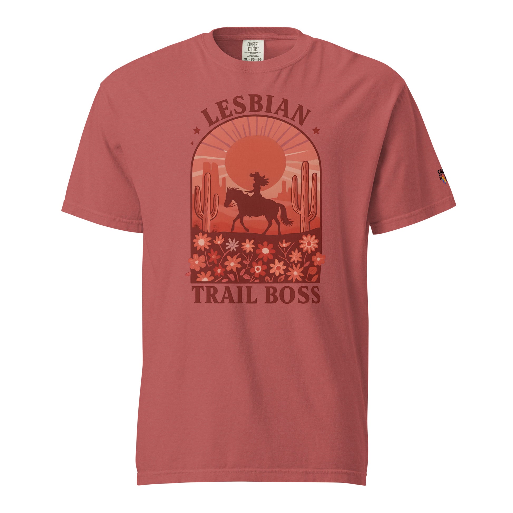 Lesbian Trail Boss T-Shirt unisex pride tee with printed pride flame graphic by Sparked By Pride