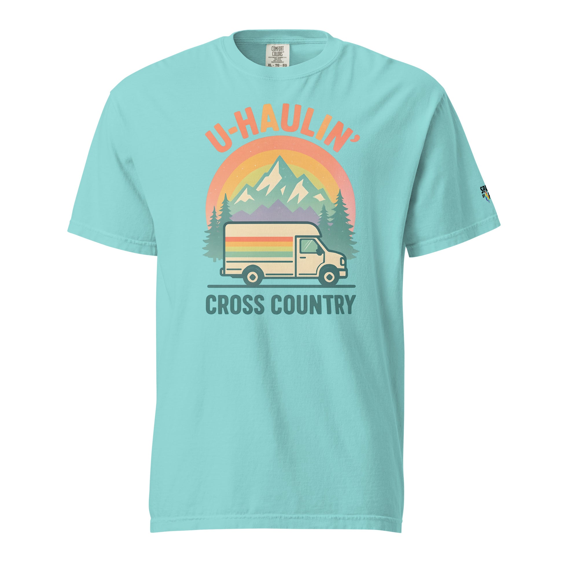 Unisex U-Haulin’ Cross Country T-Shirt with printed pride flame graphic, inclusive queer fashion by Sparked By Pride