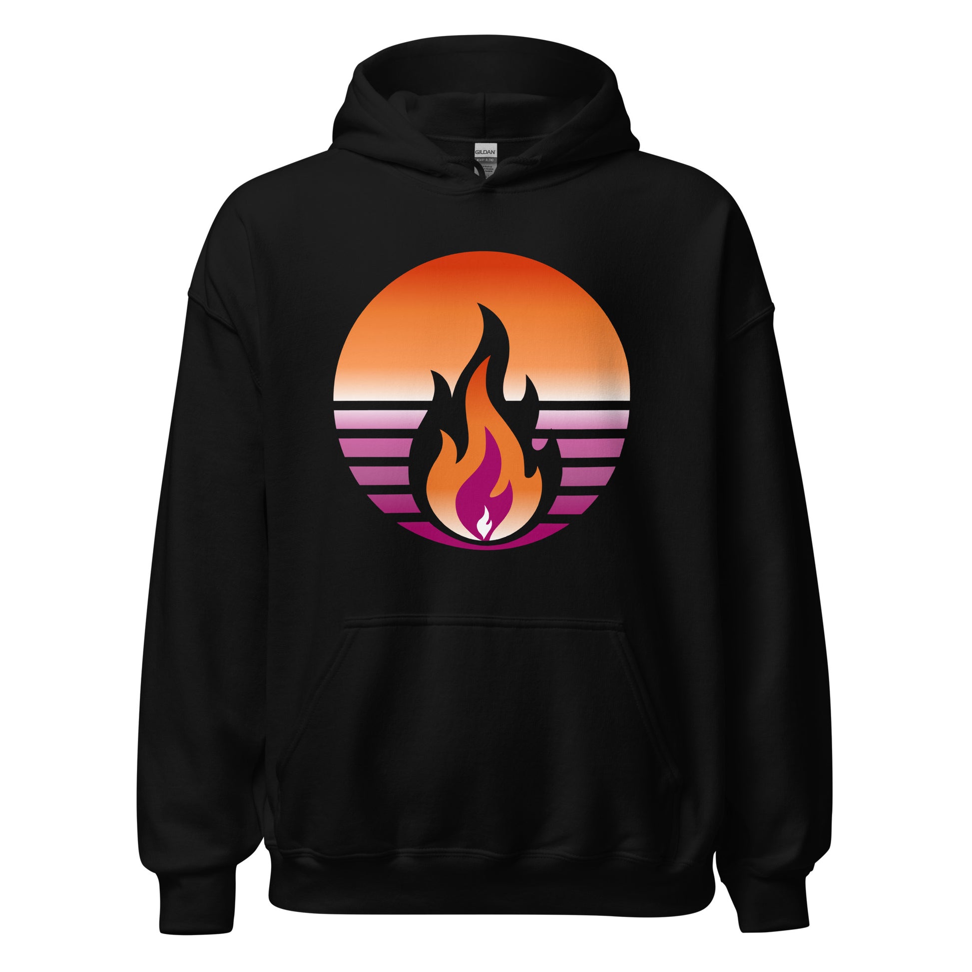 Lesbian Pride Fire Rising Hoodie with retro pride flame graphic, comfort colors pride shirt by Sparked By Pride