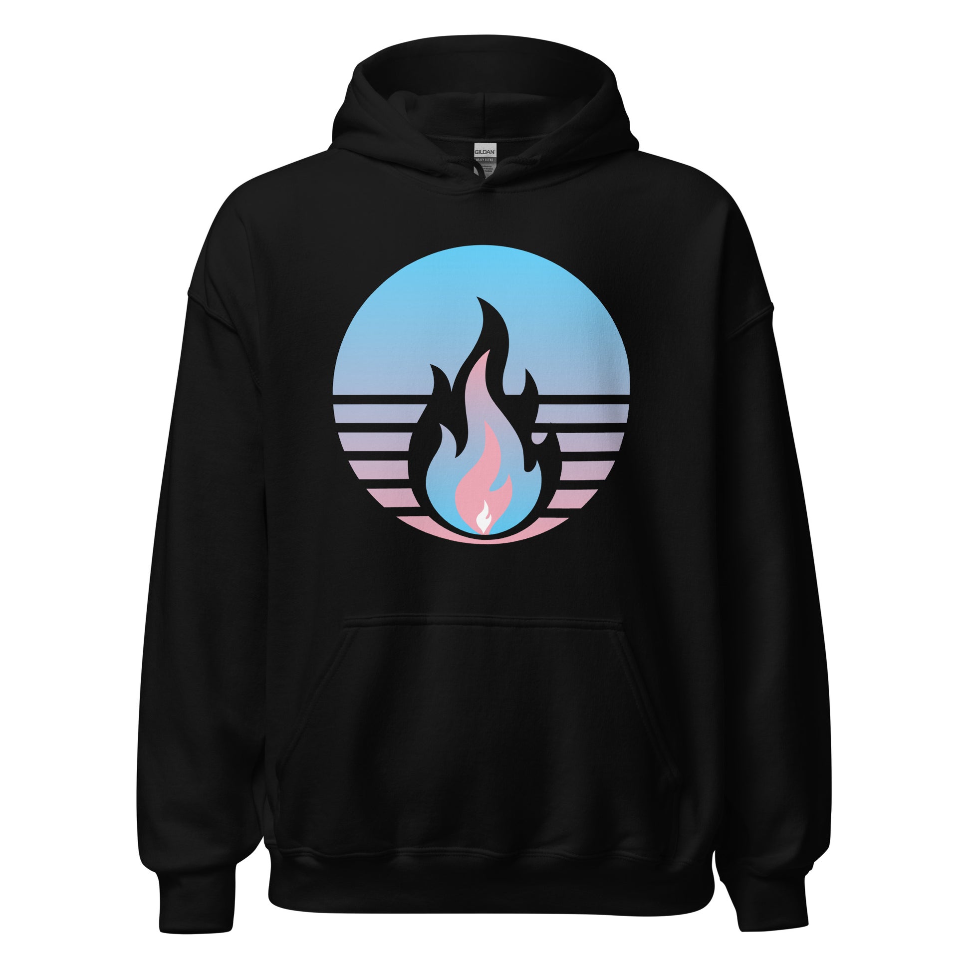 Transgender Fire Rising Hoodie with retro pride flame graphic, unisex LGBTQ+ pride apparel by Sparked By Pride