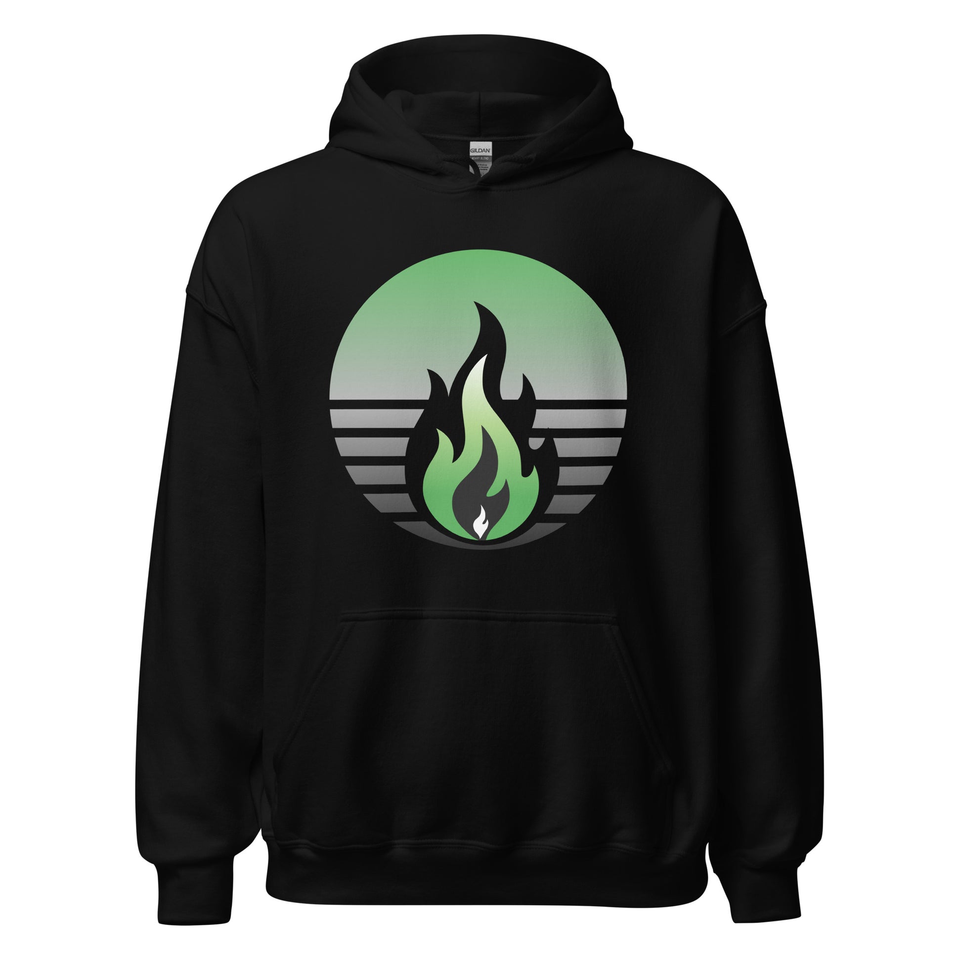 Aromantic Pride Fire Rising Hoodie with retro pride flame graphic, unisex LGBTQ+ apparel by Sparked By Pride