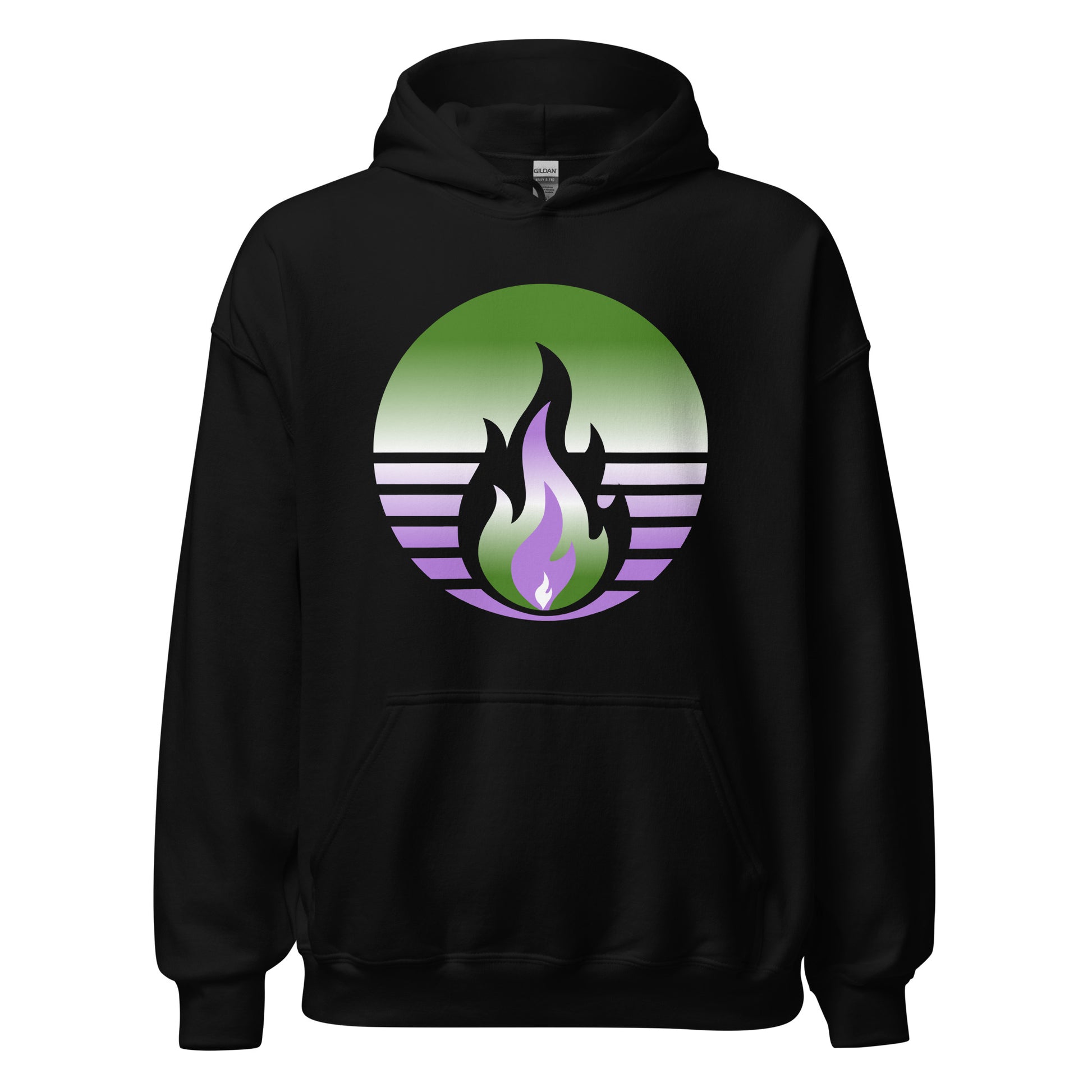 Genderqueer Pride Fire Rising Hoodie with retro pride flame graphic, inclusive queer fashion by Sparked By Pride