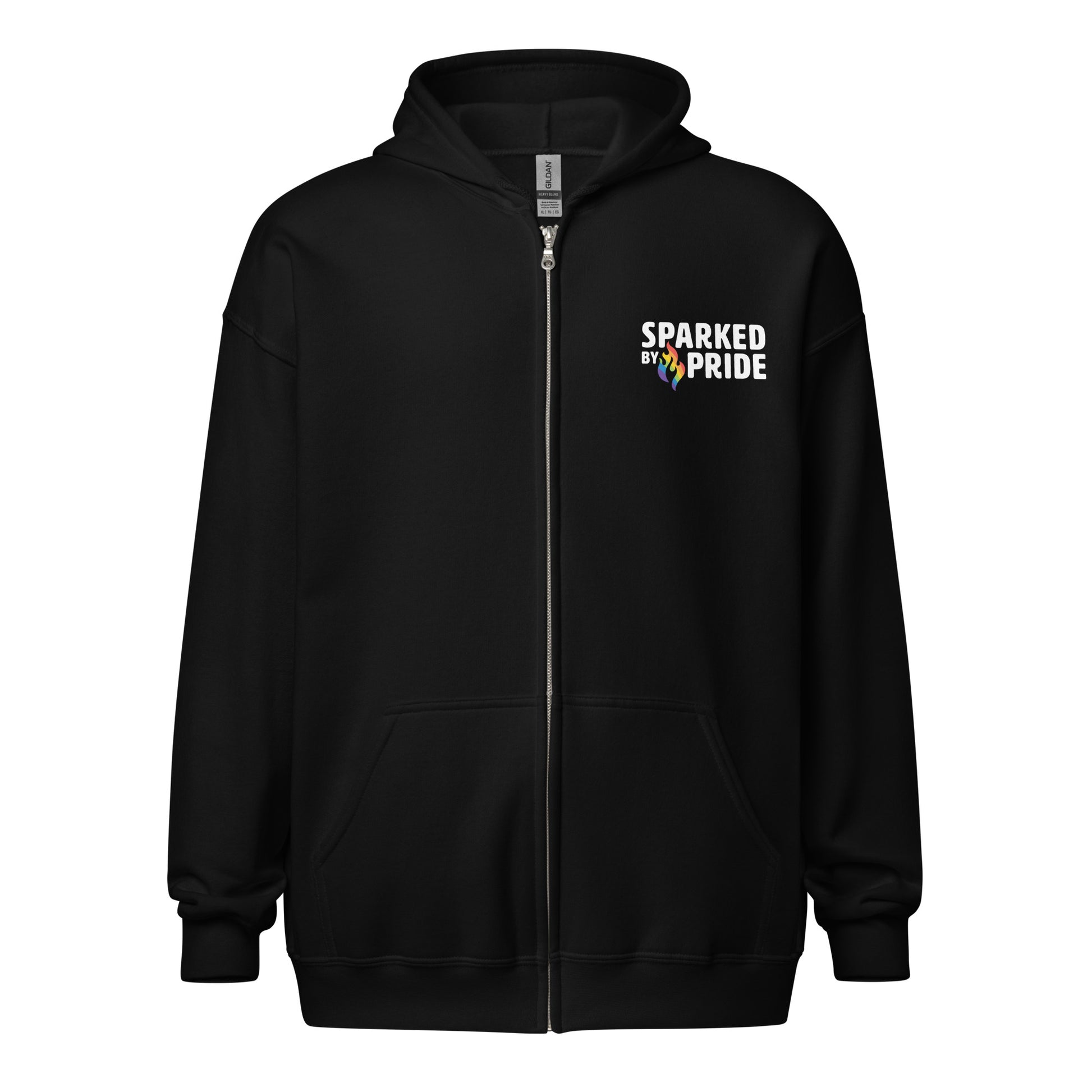 Sparked by Pride Zip Hoodie with printed pride flame graphic, unisex fit, queer-owned clothing brand, Sparked By Pride.
