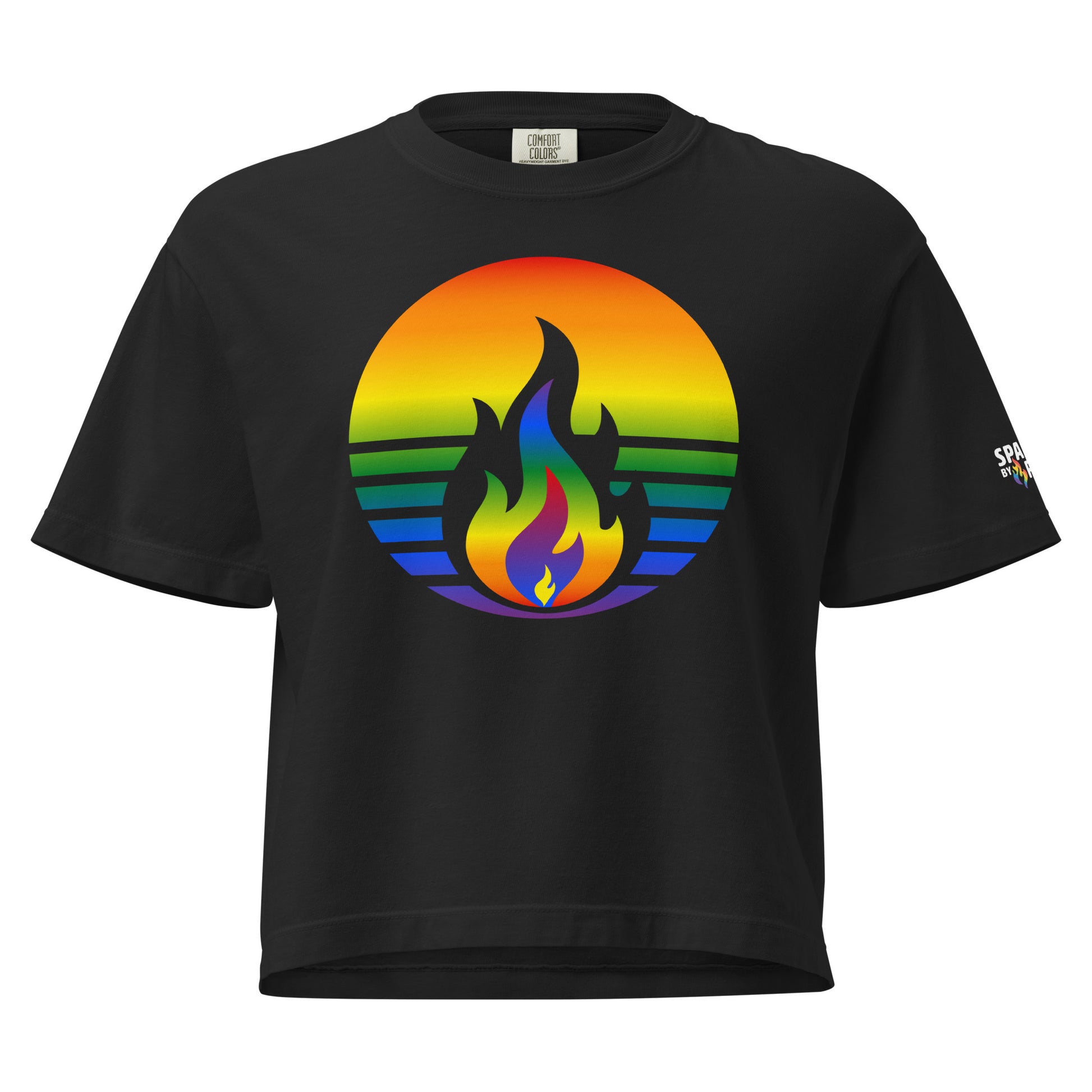 Rainbow Pride Fire Rising Boxy Crop Tee with retro pride flame graphic, subtle LGBTQ shirt by Sparked By Pride