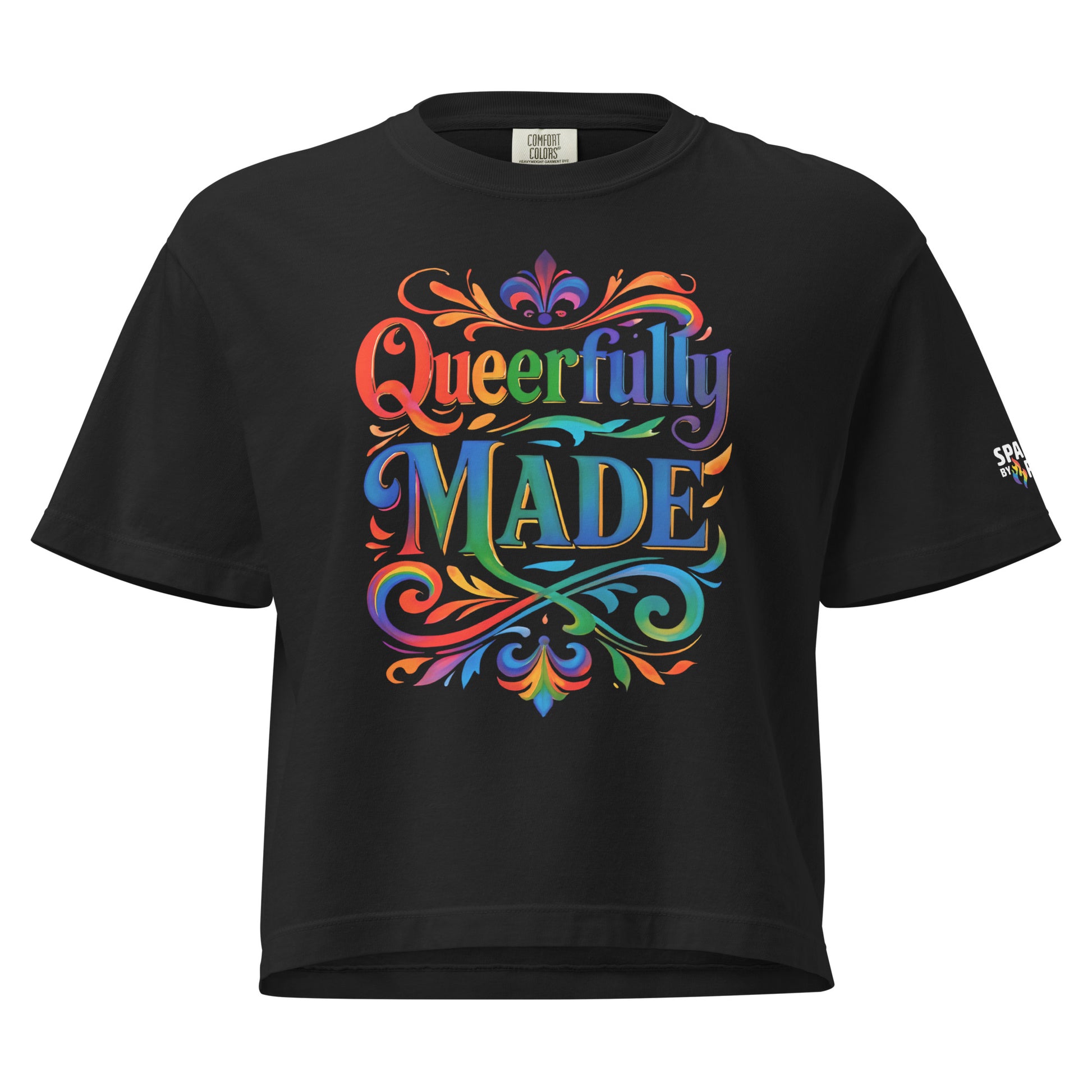 Queerfully Made Boxy Crop T-Shirt with retro pride flame graphic, unisex pride tee by Sparked By Pride