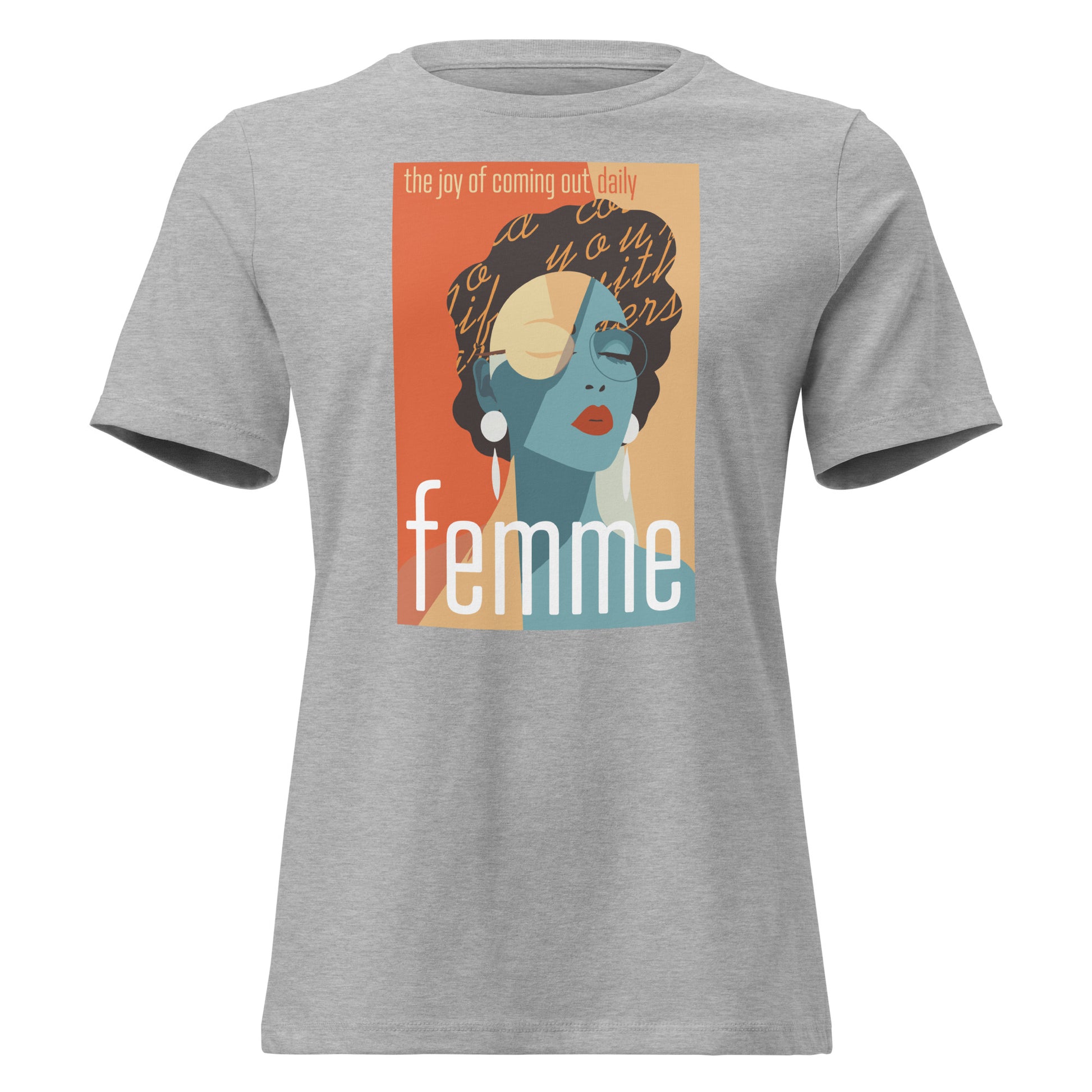 Femme: The Joy of Coming Out Daily T-Shirt with retro pride flame graphic, unisex pride tee by Sparked By Pride
