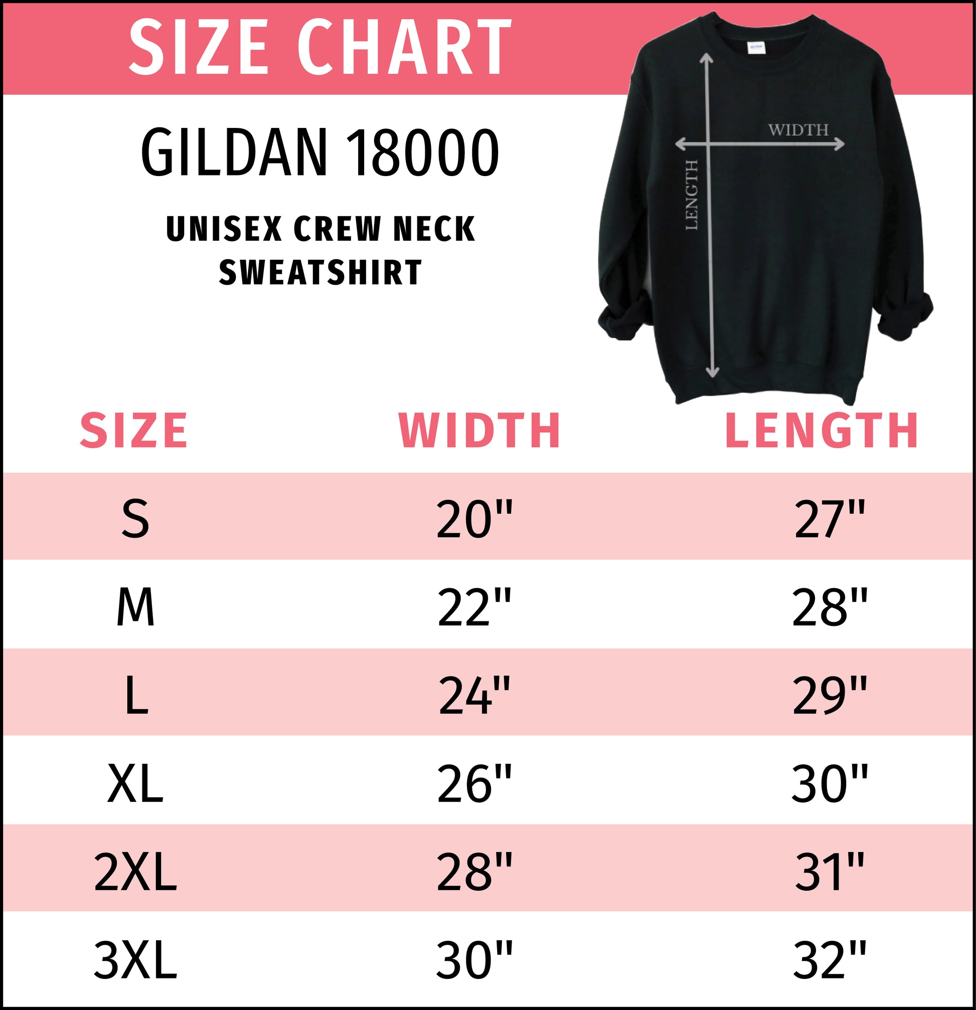 Size chart for Sparked By Pride unisex crewneck sweatshirt showing width and length measurements in inches from small to 3XL