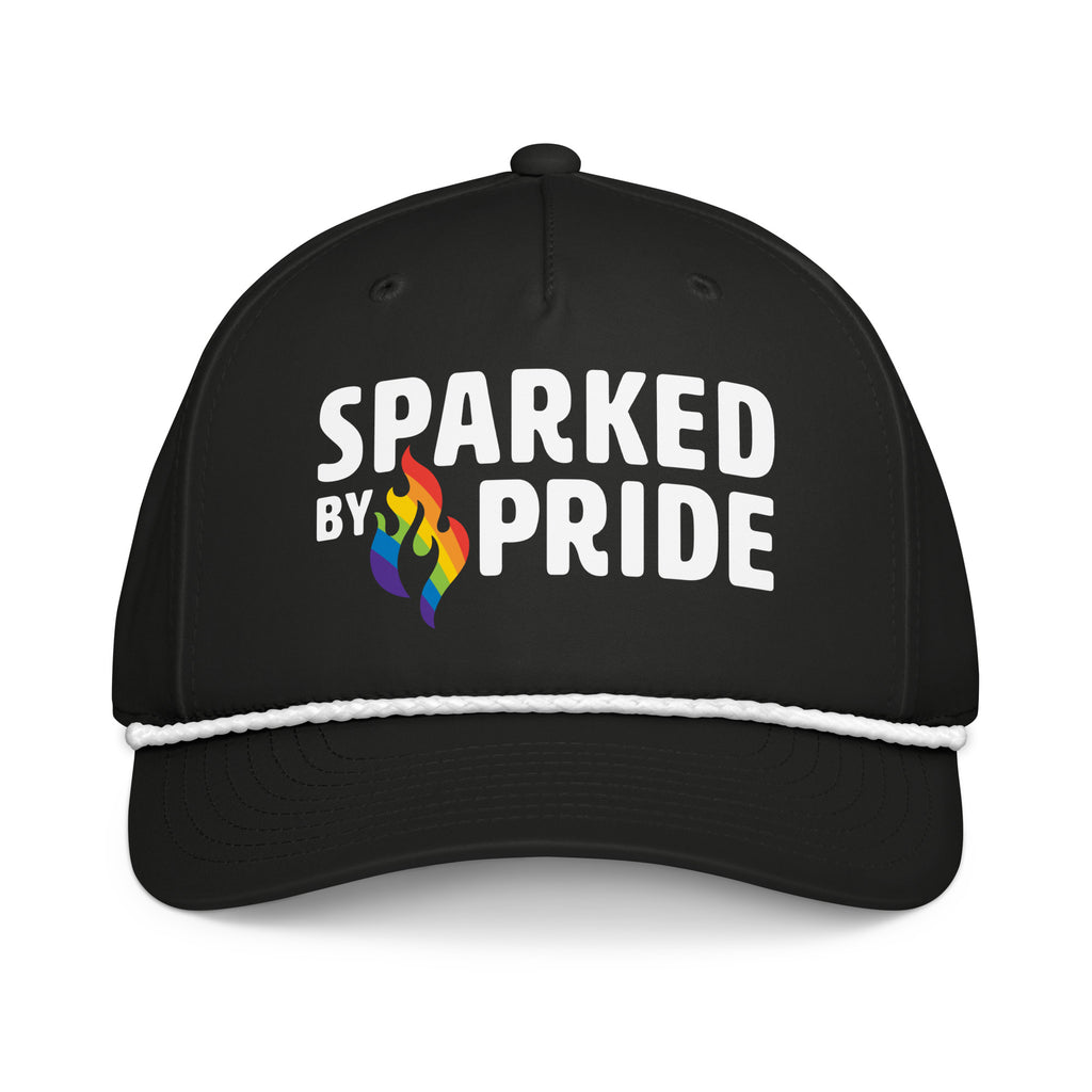 Classic LGBTQ+ pride cap with retro pride flame and rope detail, unisex fit, by Sparked By Pride Sparked by Pride Rope Hat