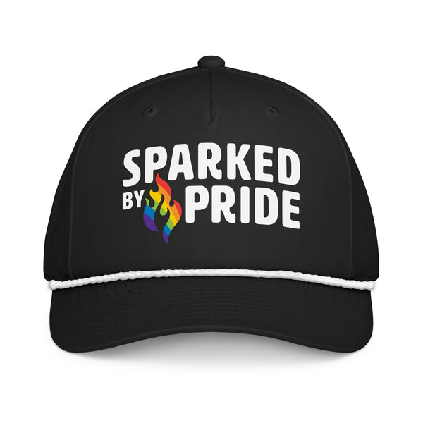 Classic LGBTQ+ pride cap with retro pride flame and rope detail, unisex fit, by Sparked By Pride Sparked by Pride Rope Hat