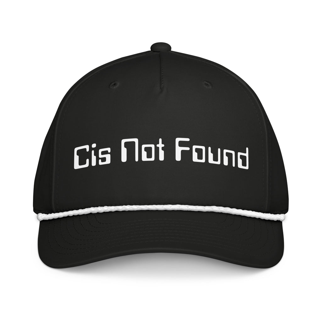 Black classic rope hat with "Cis Not Found" print, gender-affirming LGBTQ+ pride apparel by Sparked By Pride.