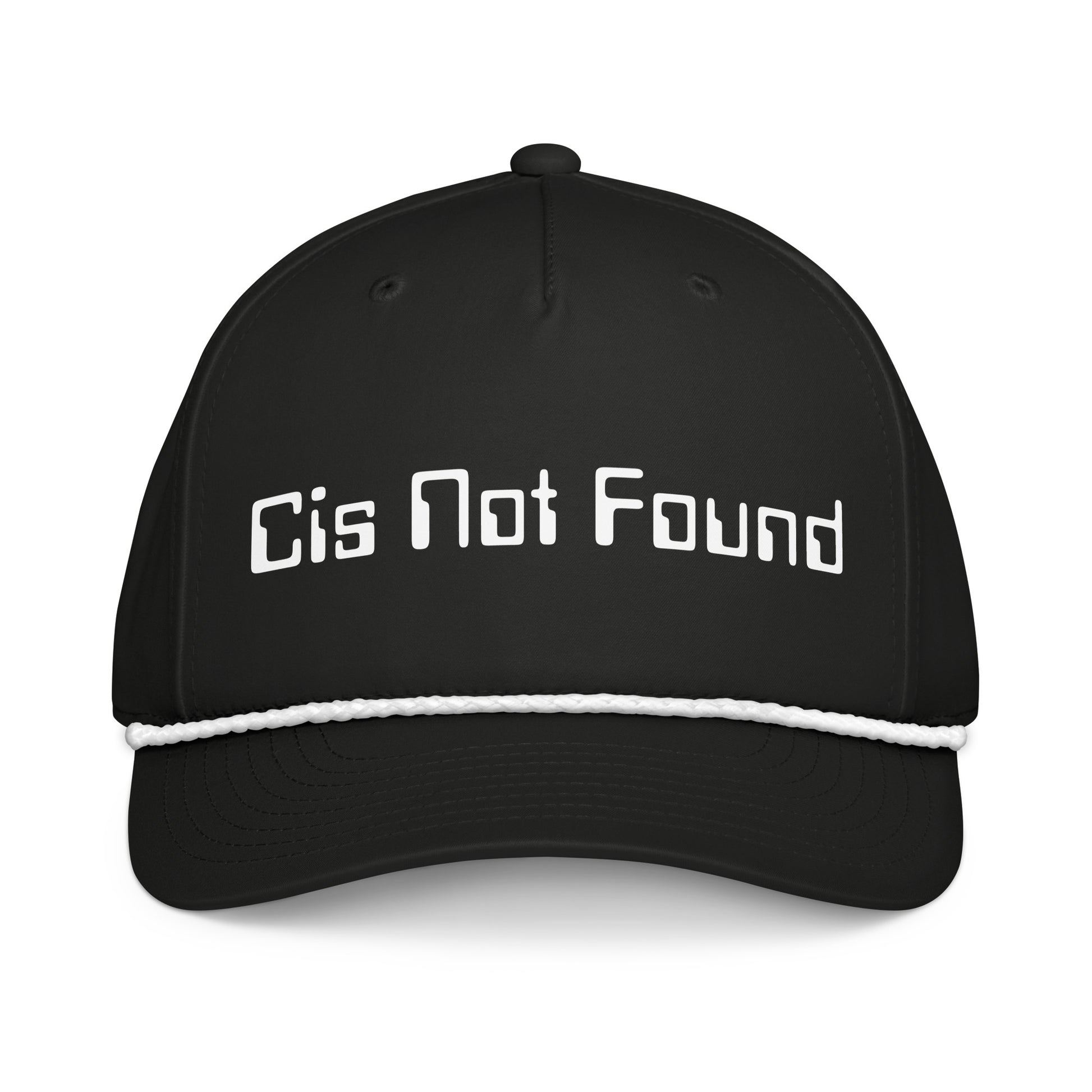 Black classic rope hat with "Cis Not Found" print, gender-affirming LGBTQ+ pride apparel by Sparked By Pride.