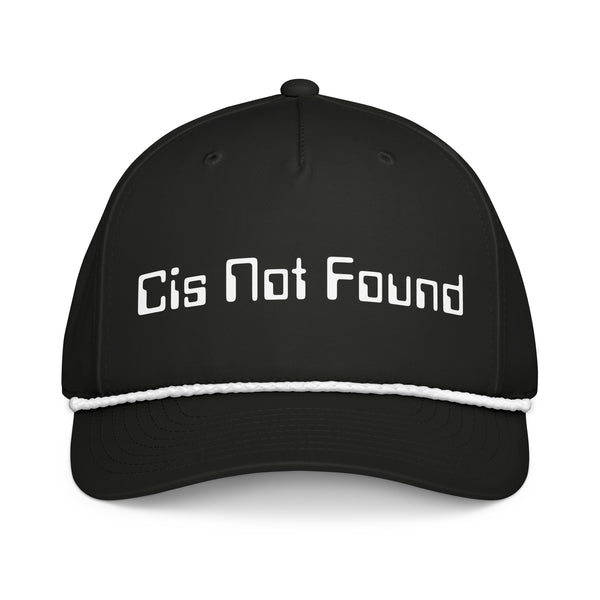 Black classic rope hat with "Cis Not Found" print, gender-affirming LGBTQ+ pride apparel by Sparked By Pride.