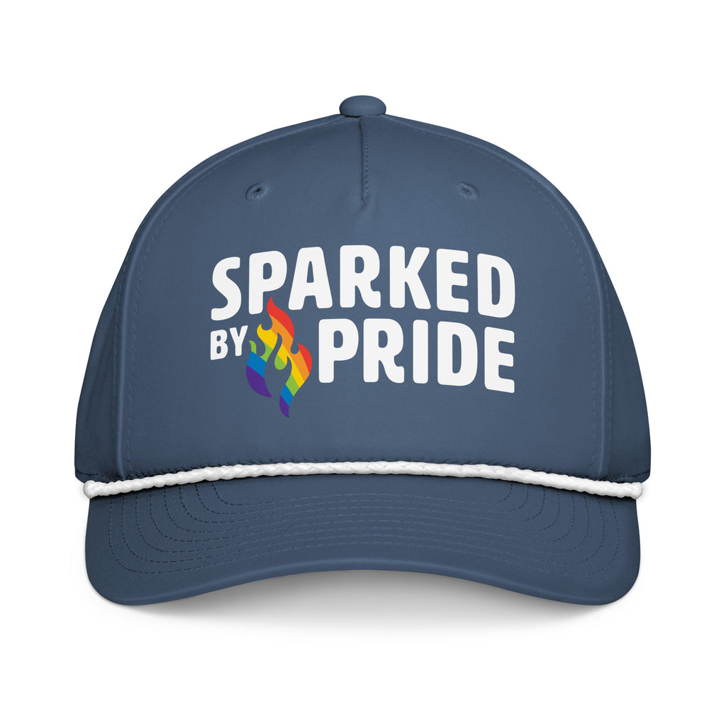 Classic LGBTQ+ pride cap with retro pride flame and rope detail, adjustable fit, Sparked by Pride Rope Hat by Sparked By Pride