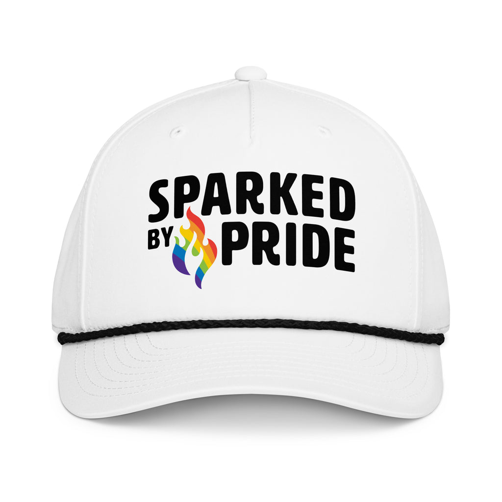 Classic LGBTQ+ Pride Cap with retro pride flame graphic and rope detail, unisex fit by Sparked By Pride, Sparked by Pride Rope Hat