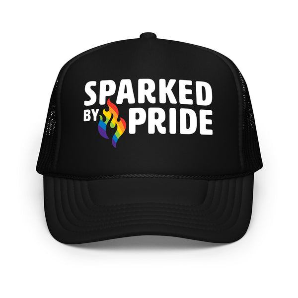 Sparked by Pride Foam Trucker Hat with printed pride flame graphic, breathable mesh, queer-owned brand by Sparked By Pride