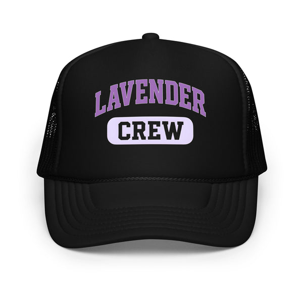 Lavender Crew Foam Trucker Hat with subtle LGBTQ fashion statement, breathable and unisex, by Sparked By Pride