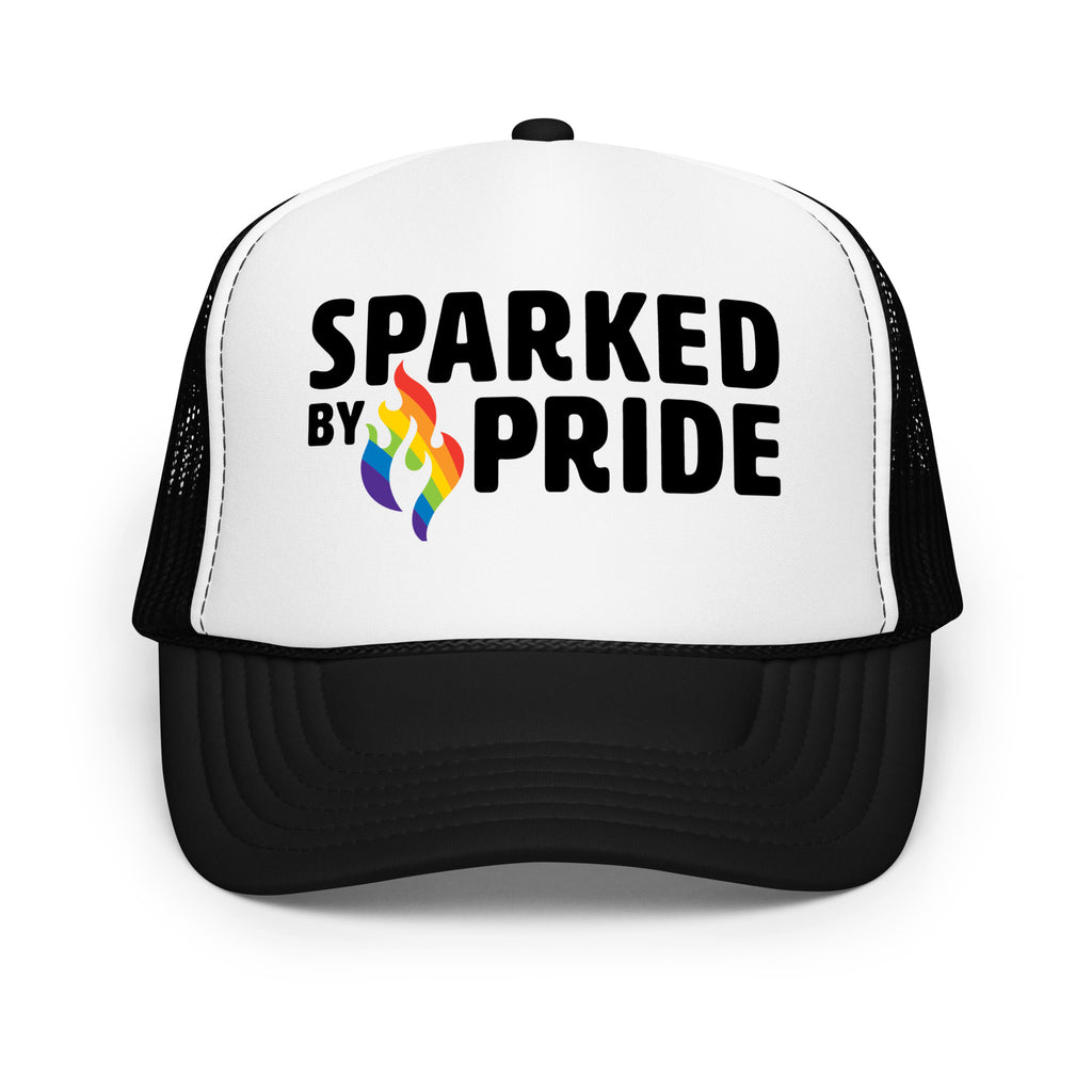 Sparked by Pride Foam Trucker Hat with printed pride flame graphic, breathable queer-owned clothing brand by Sparked By Pride