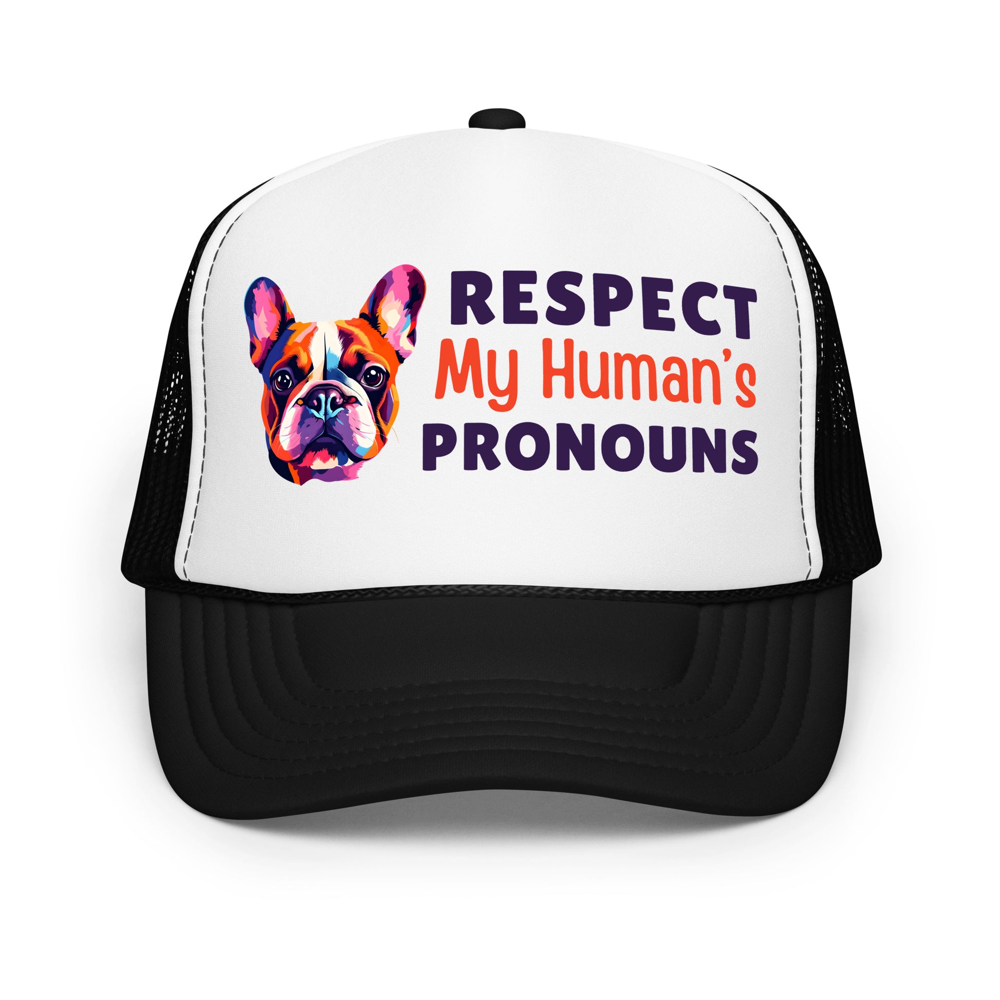 Respect My Human's Pronouns Foam Trucker Hat with colorful dog graphic by Sparked By Pride