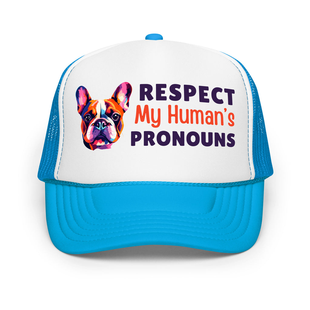 Respect My Human's Pronouns Foam Trucker Hat with colorful dog graphic, inclusive queer fashion by Sparked By Pride