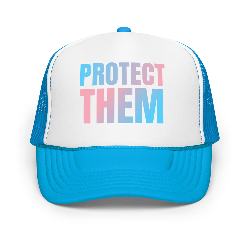 Protect Them Foam Trucker Hat with transgender flag colors promoting gender-affirming clothing by Sparked By Pride