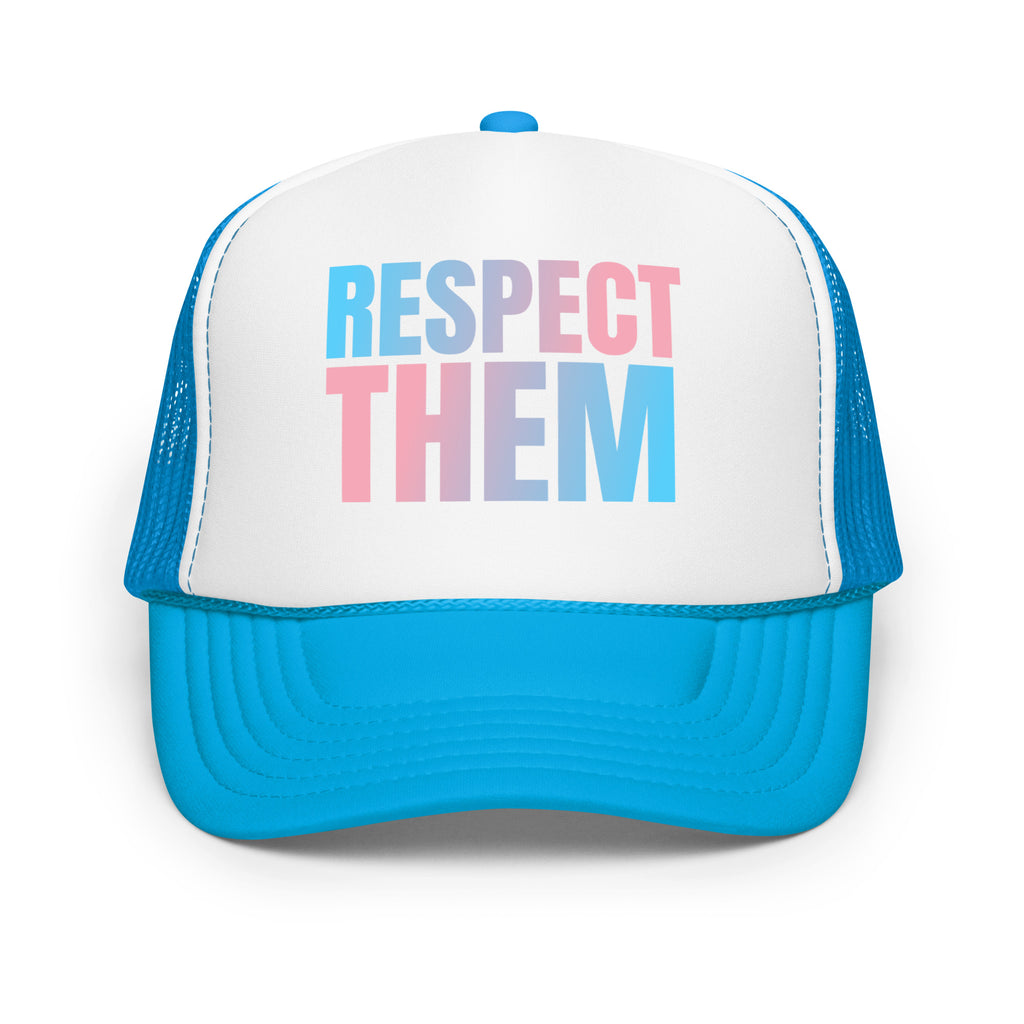 Respect Them Foam Trucker Hat with trans pride colors, bold message, gender-affirming clothing by Sparked By Pride.