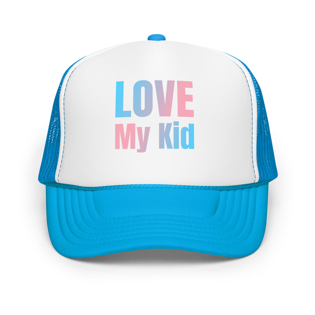 Love My Kid Foam Trucker Hat with transgender pride colors, supportive gear for parents, Sparked By Pride.