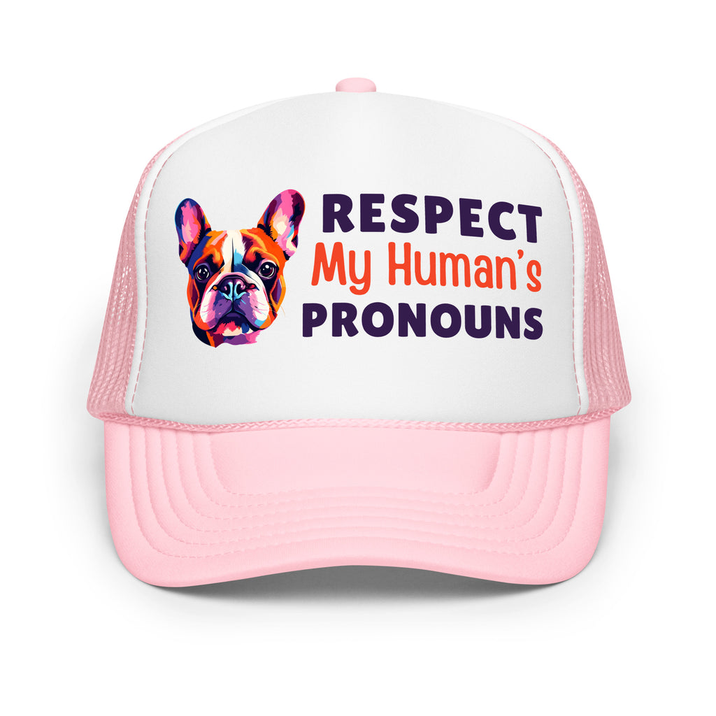 Respect My Human's Pronouns Foam Trucker Hat with colorful dog graphic by Sparked By Pride
