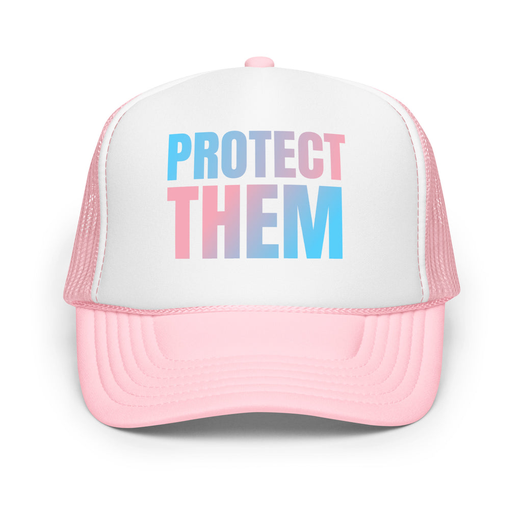 Protect Them Foam Trucker Hat with transgender flag colors showing allyship, Pride statement by Sparked By Pride.