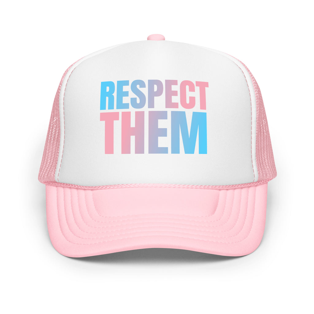 Respect Them Foam Trucker Hat in trans pride colors for gender-affirming clothing by Sparked By Pride
