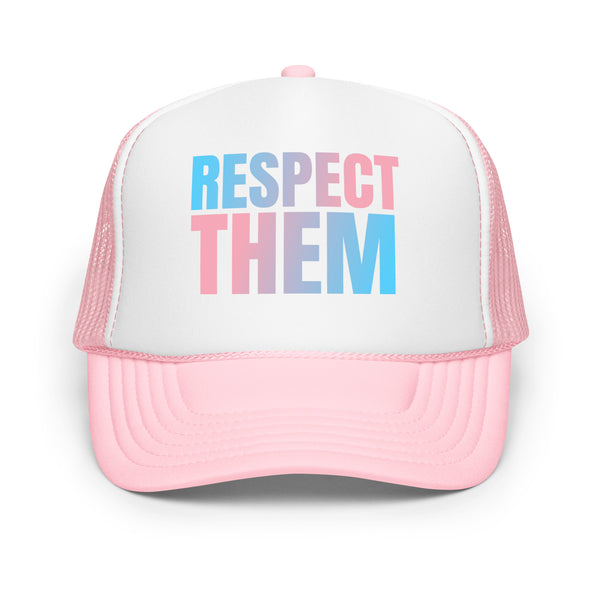 Respect Them Foam Trucker Hat in trans pride colors for gender-affirming clothing by Sparked By Pride