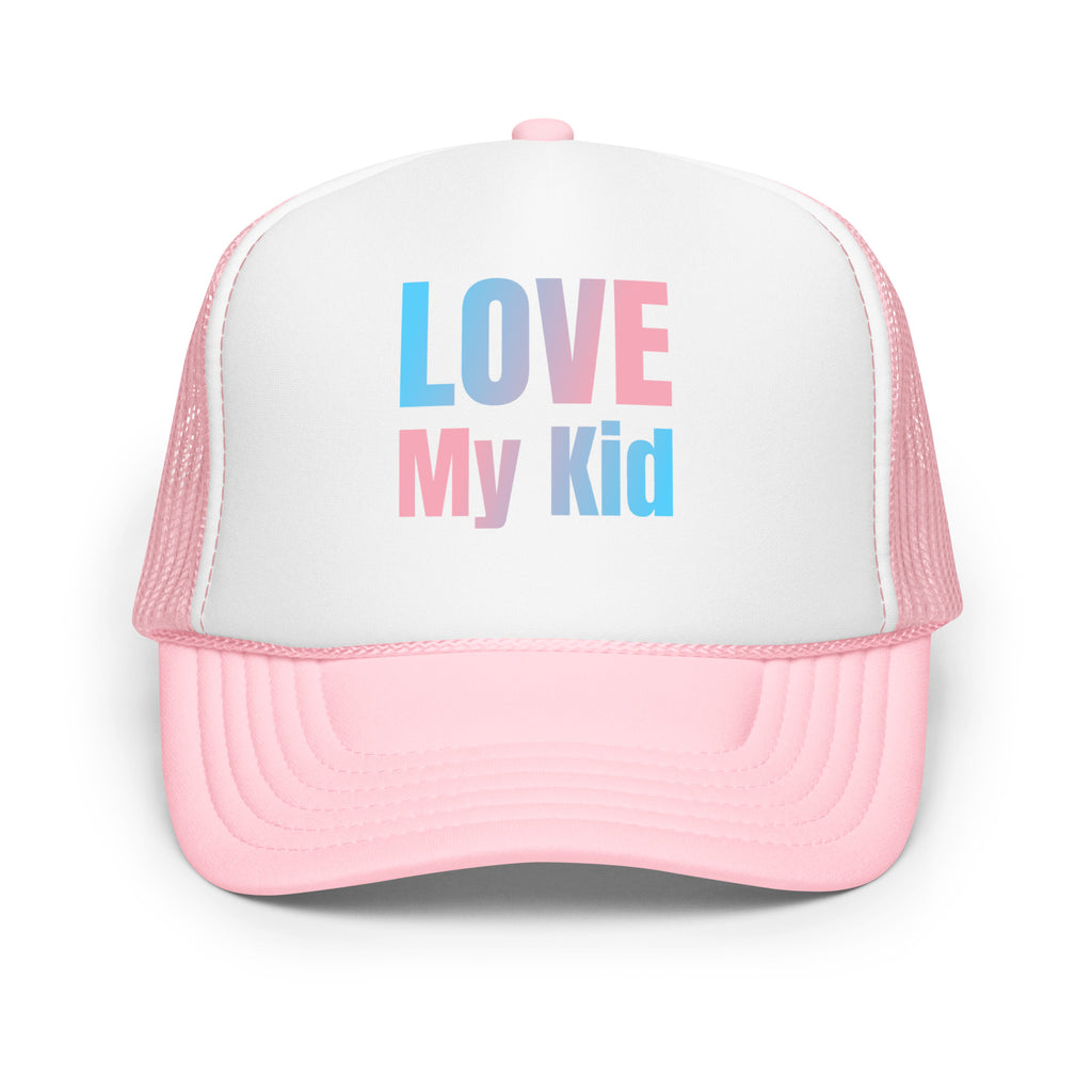 Love My Kid Foam Trucker Hat with transgender pride colors for parents and allies by Sparked By Pride.