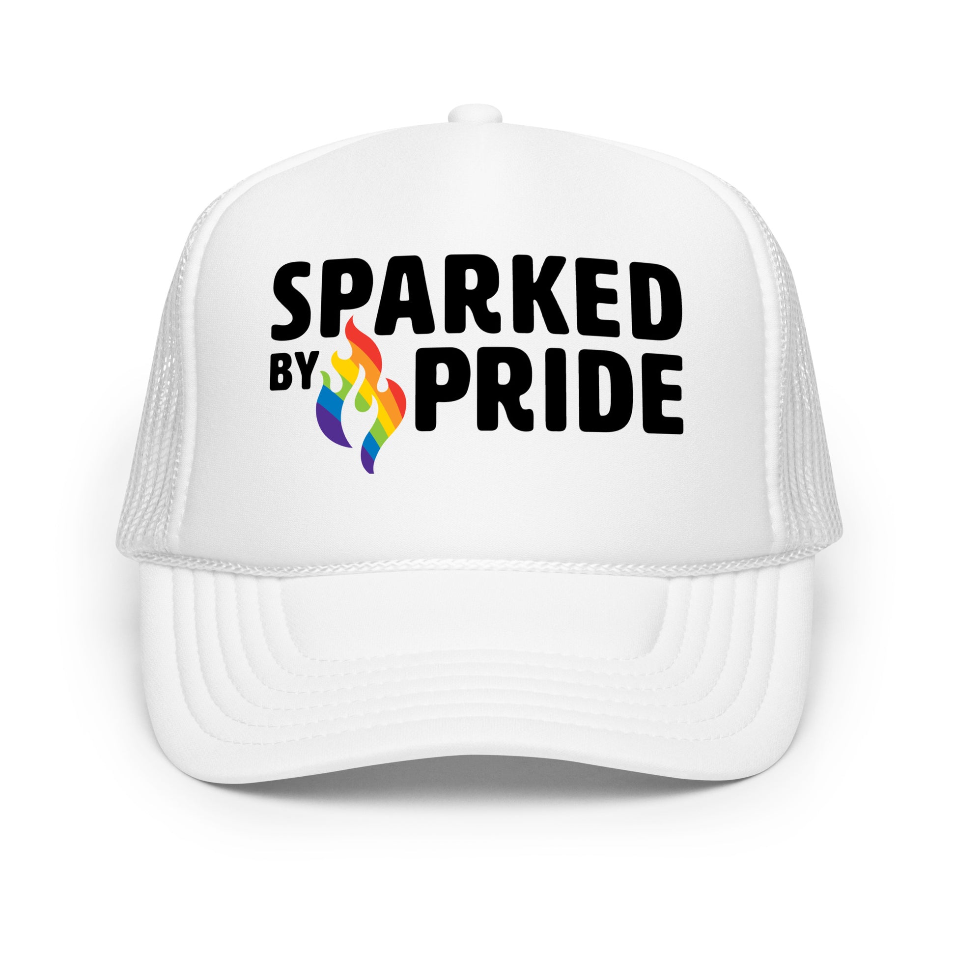 White Sparked by Pride Foam Trucker Hat with printed retro pride flame logo, breathable mesh, Sparked By Pride.
