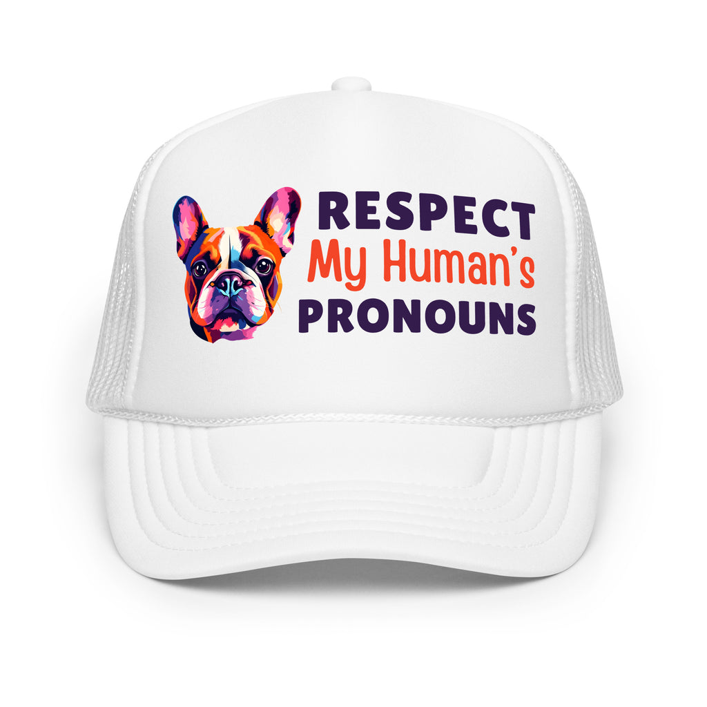 Respect My Human's Pronouns Foam Trucker Hat with colorful dog graphic, inclusive queer fashion by Sparked By Pride