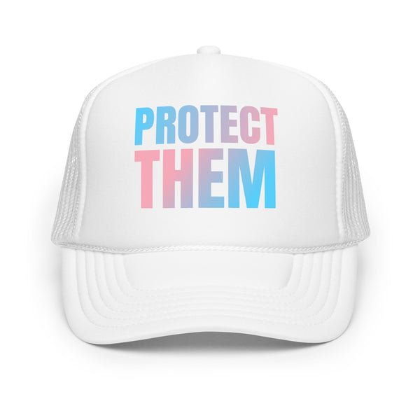 Protect Them Foam Trucker Hat with transgender flag colors promotes allyship and support by Sparked By Pride