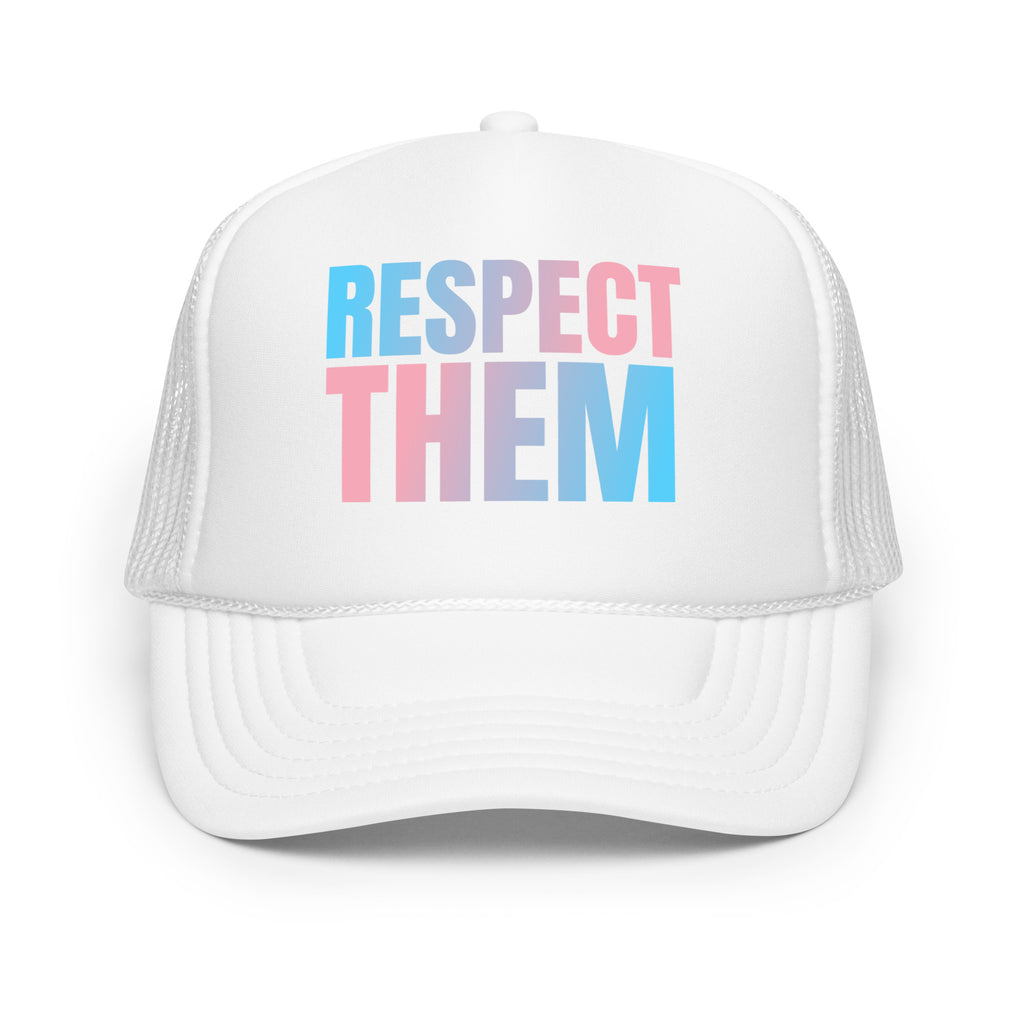 Respect Them Foam Trucker Hat with trans pride colors, breathable mesh, gender-affirming by Sparked By Pride