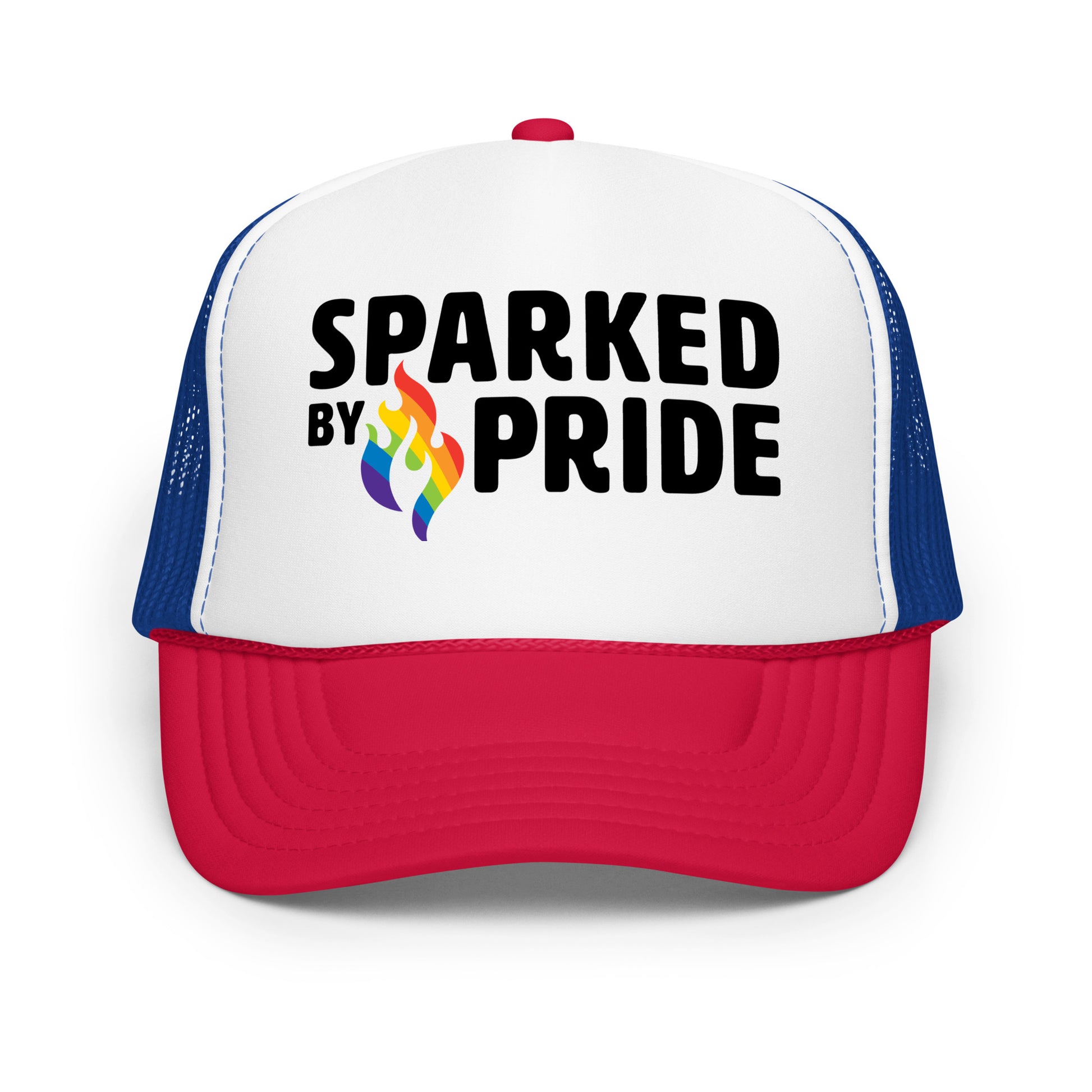 Sparked by Pride Foam Trucker Hat with printed pride flame graphic, breathable mesh, made to order LGBTQ apparel by Sparked By Pride