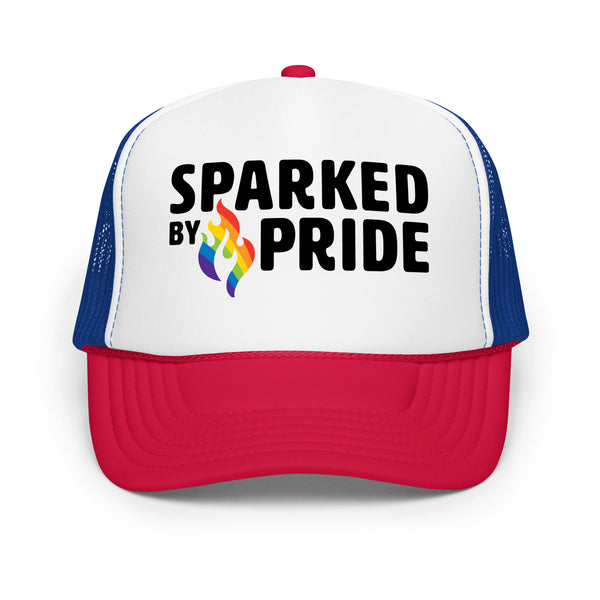 Sparked by Pride Foam Trucker Hat with printed pride flame graphic, breathable mesh, made to order LGBTQ apparel by Sparked By Pride